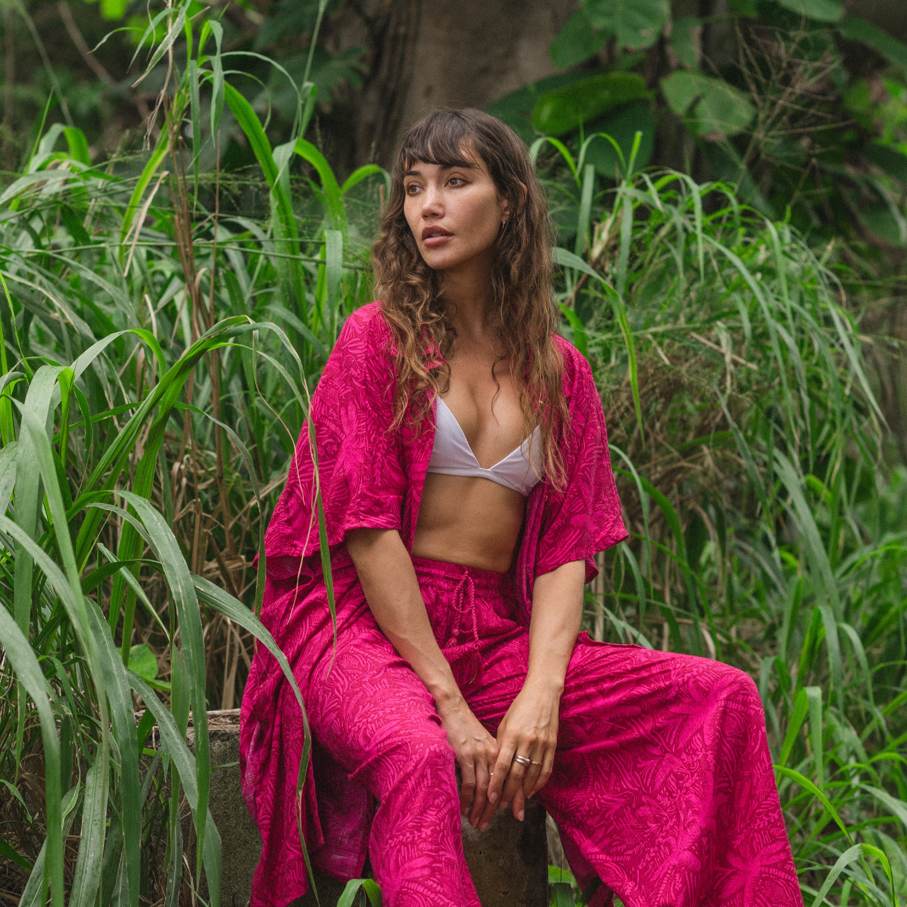 Women's sangria pink resort cover-up featuring lightweight fabric and tropical botanical print