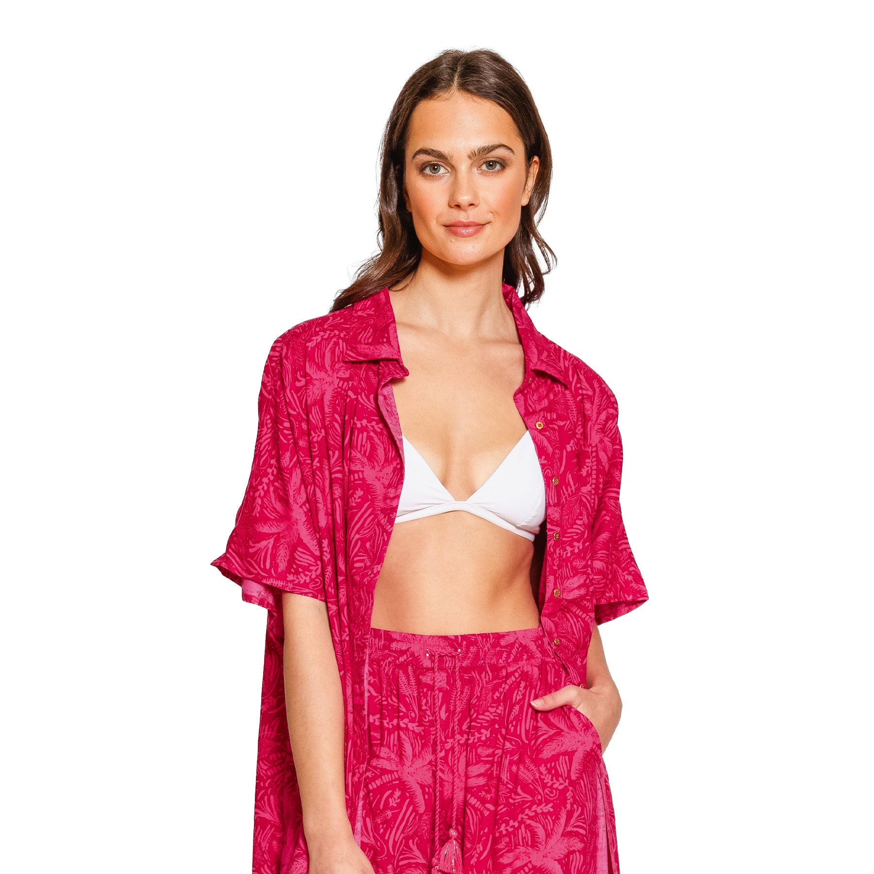 Lightweight sangria swim cover-up with tropical foliage print and breezy oversized silhouette