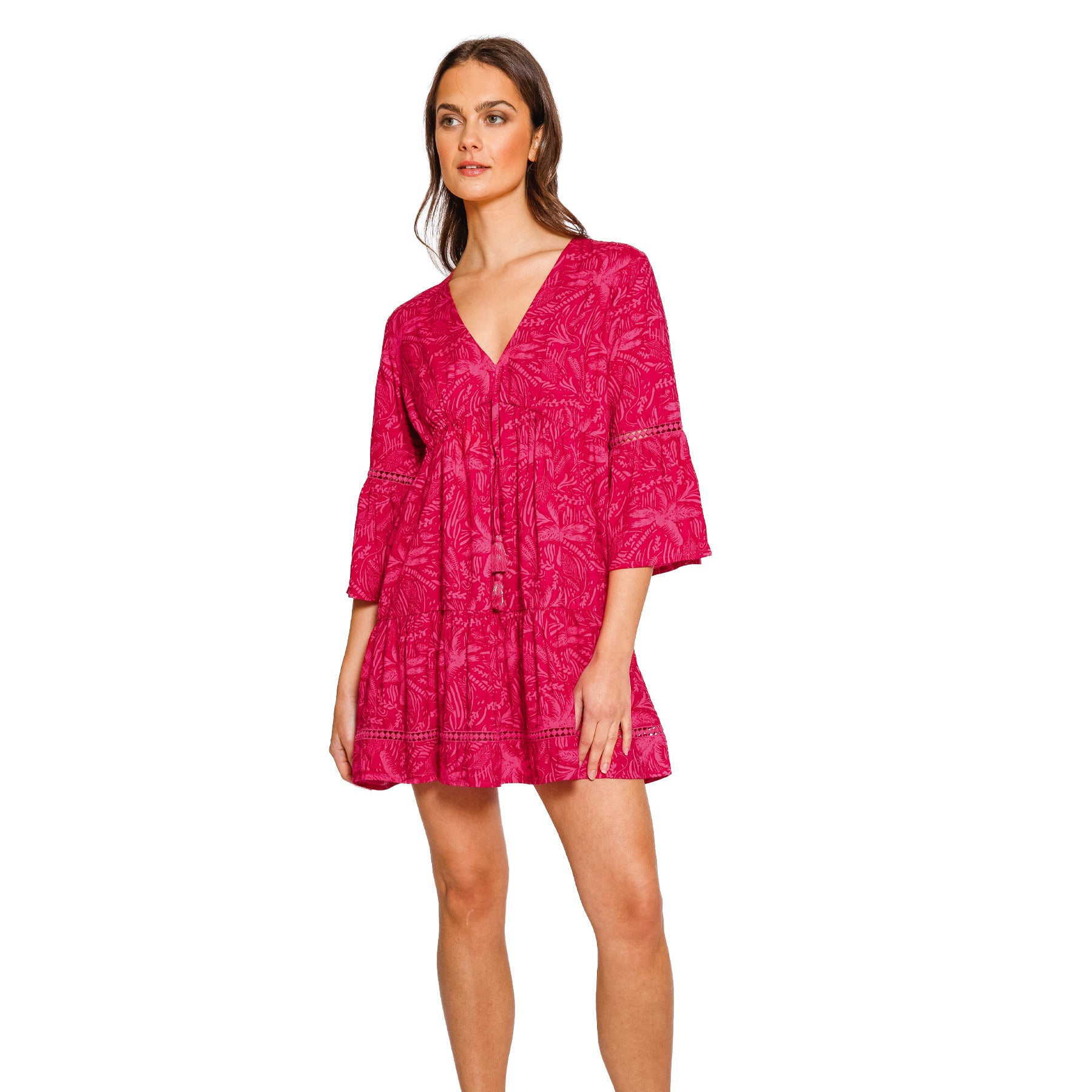 Women's sangria beach dress featuring a tropical foliage print and relaxed resort silhouette