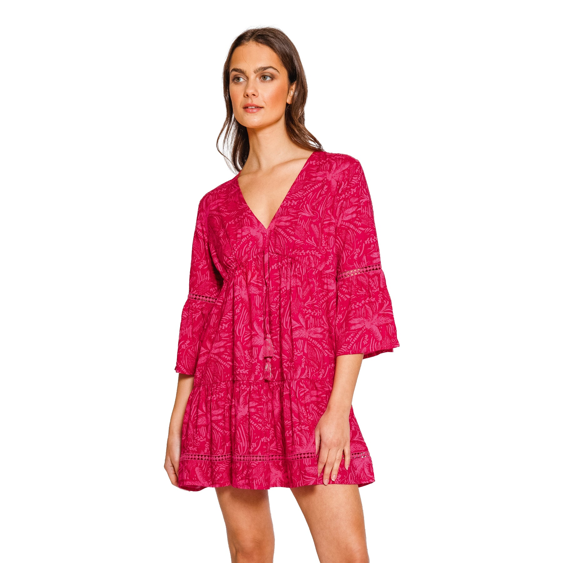Lightweight sangria swim cover-up dress with V-neck styling and breezy three-quarter sleeves