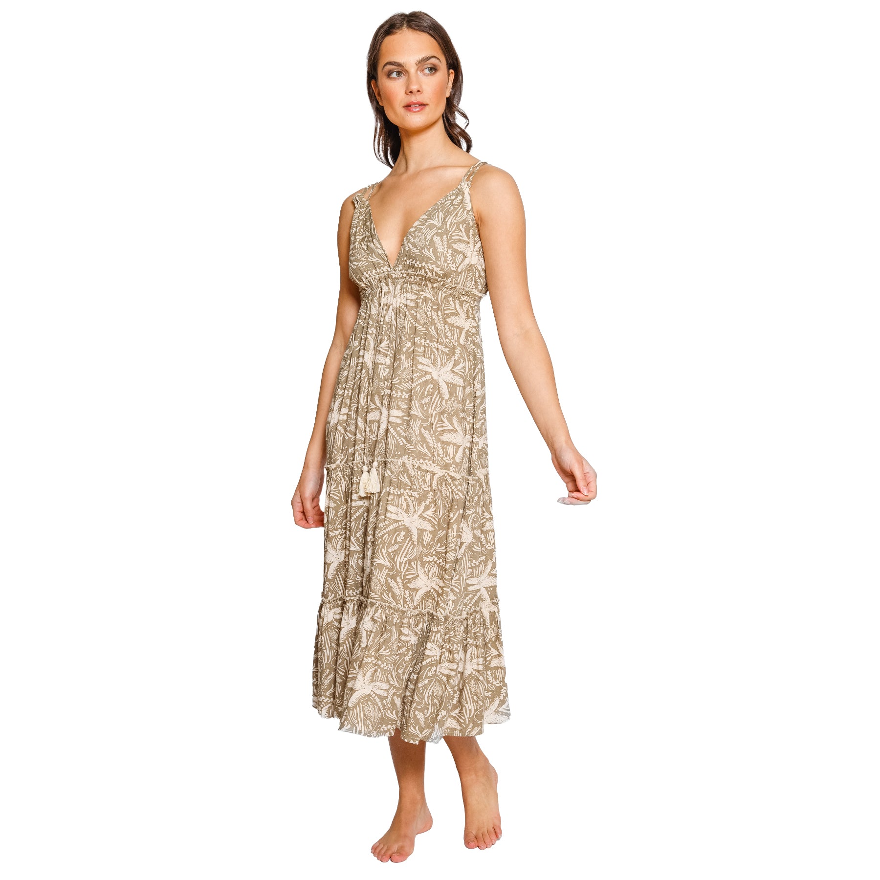 Khaki palm print maxi dress with tiered hem and adjustable straps, designed for effortless warm-weather style.