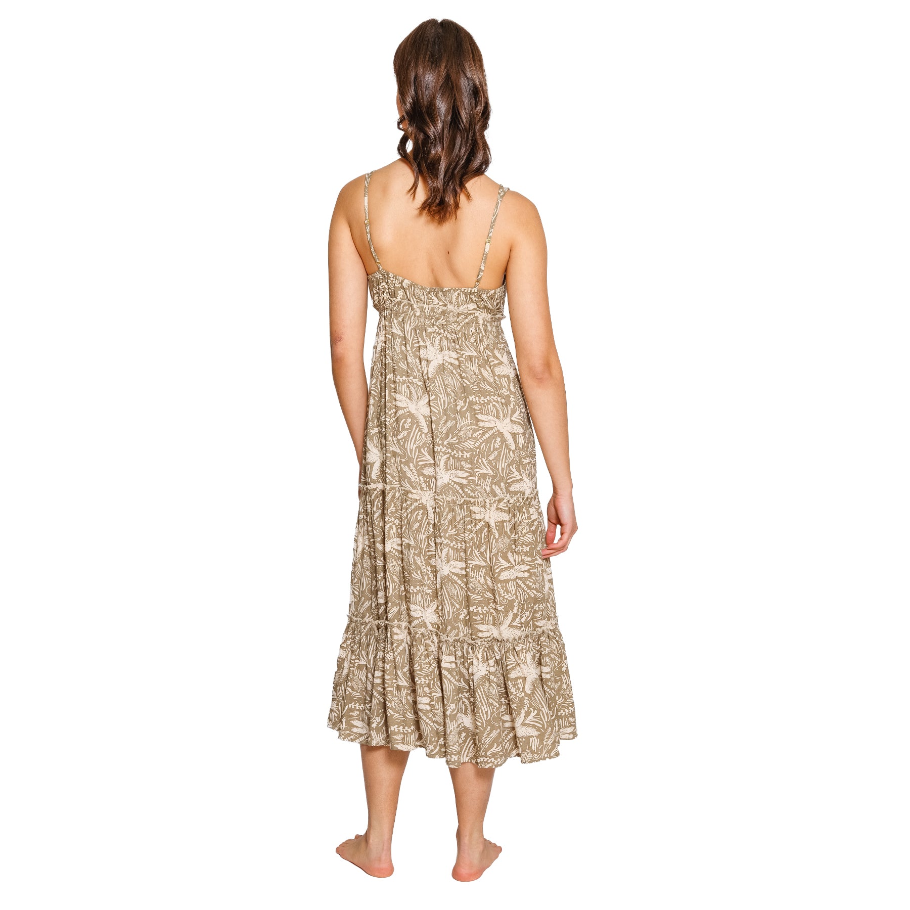 Back view of khaki tropical print maxi dress featuring a relaxed fit, adjustable straps, and flowing tiered skirt.