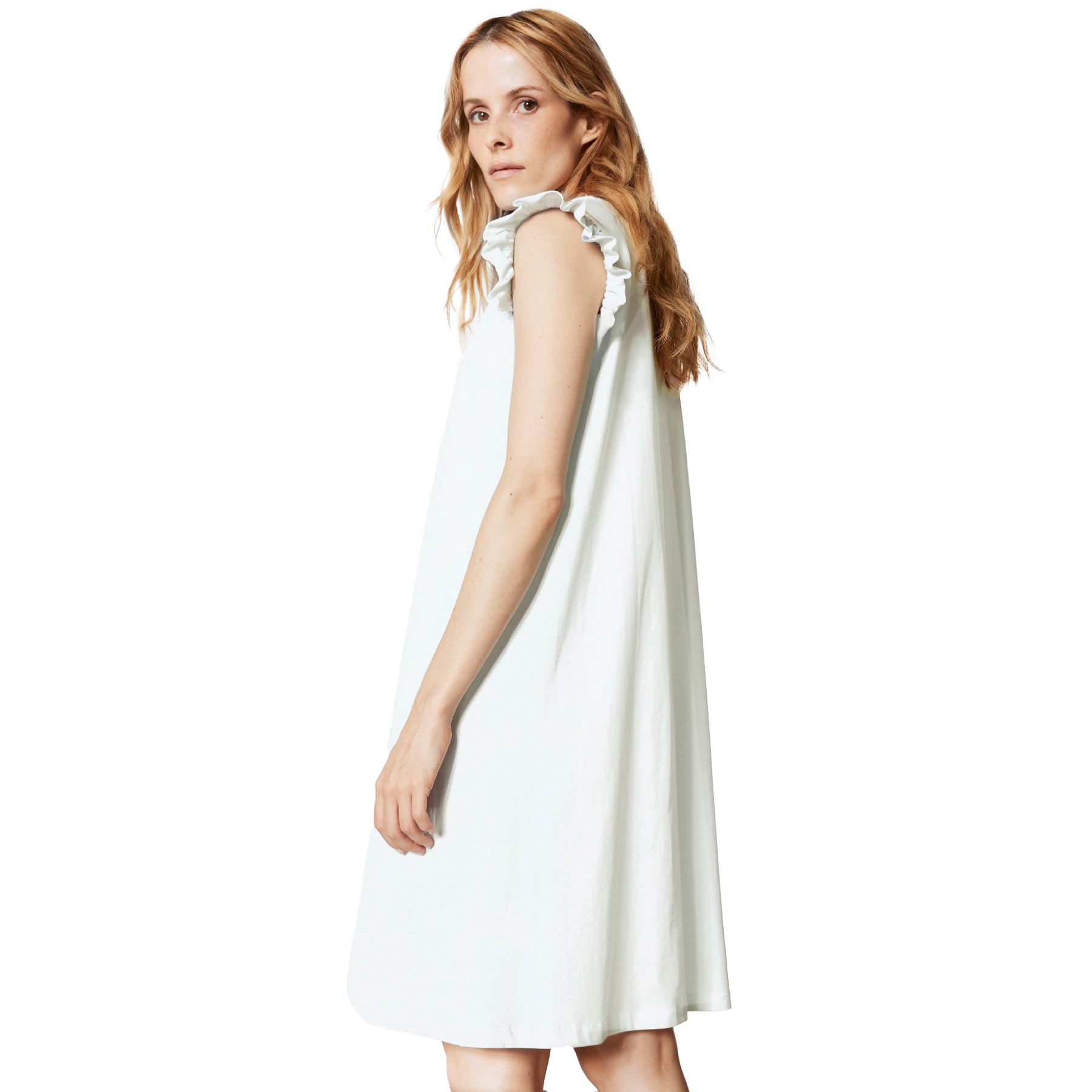 Light sage green sleeveless nightdress with ruffled shoulder detail, relaxed A-line fit on model