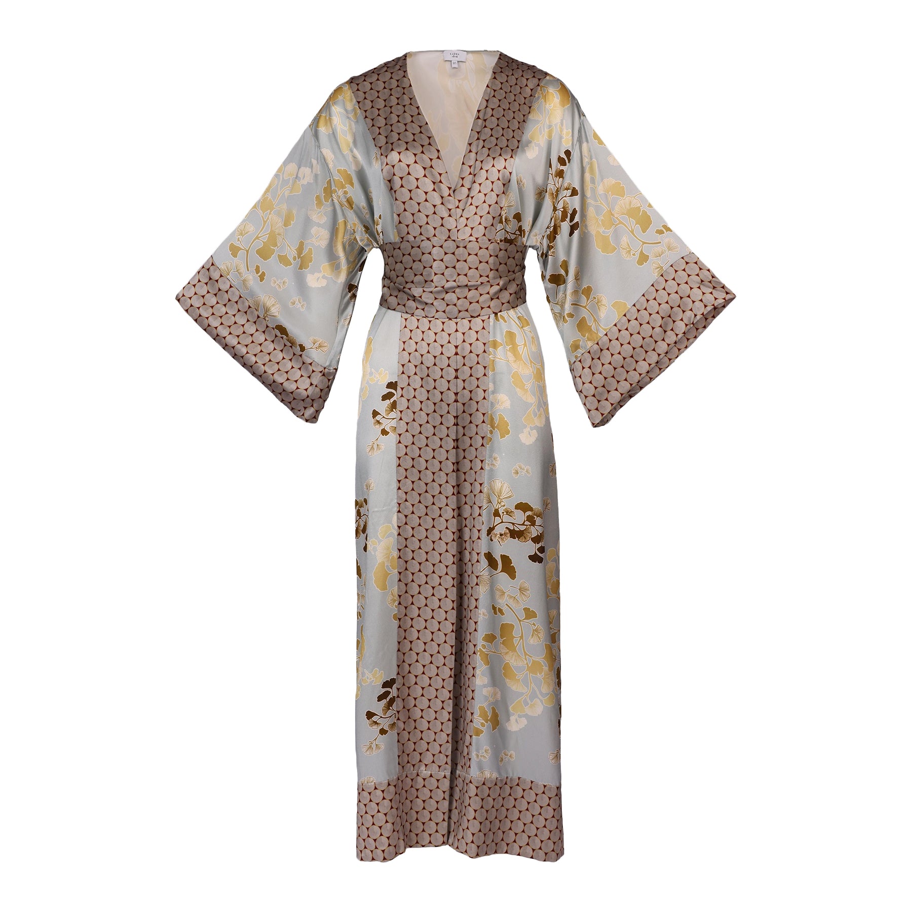 Kazari gold/bronze gingko printed silk long kimono robe. Front view without model.