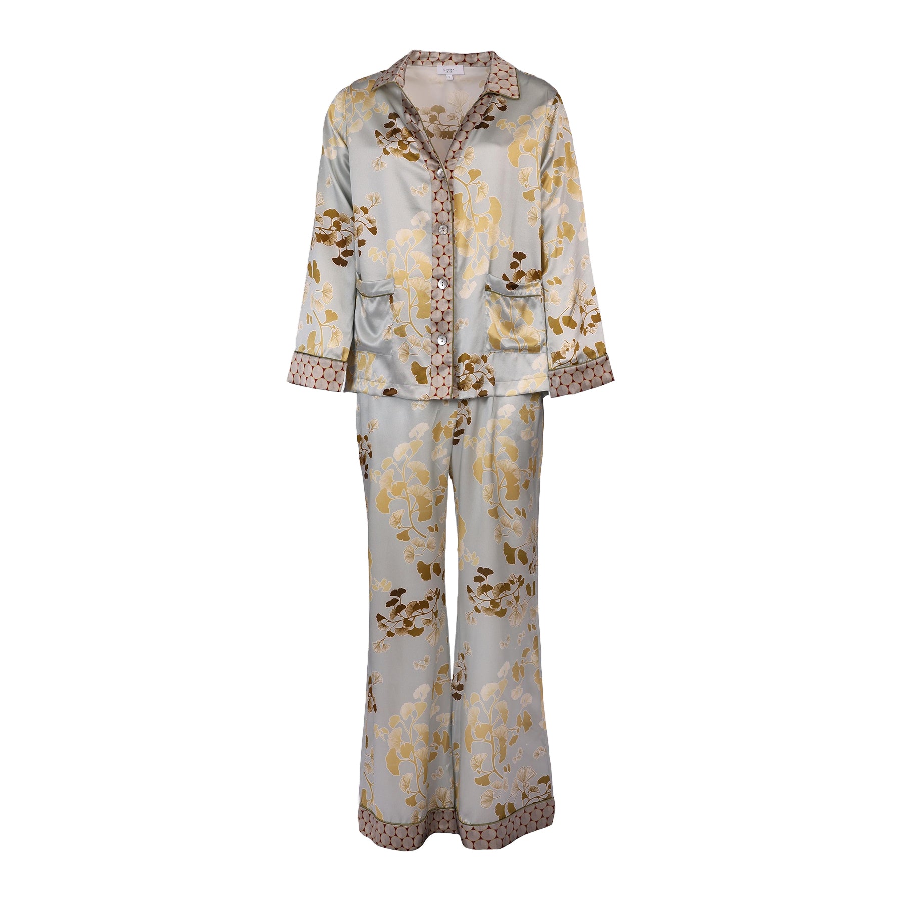 Kazari gold/bronze gingko printed silk classic mother of pearl button up pyjama set. Front view without model.