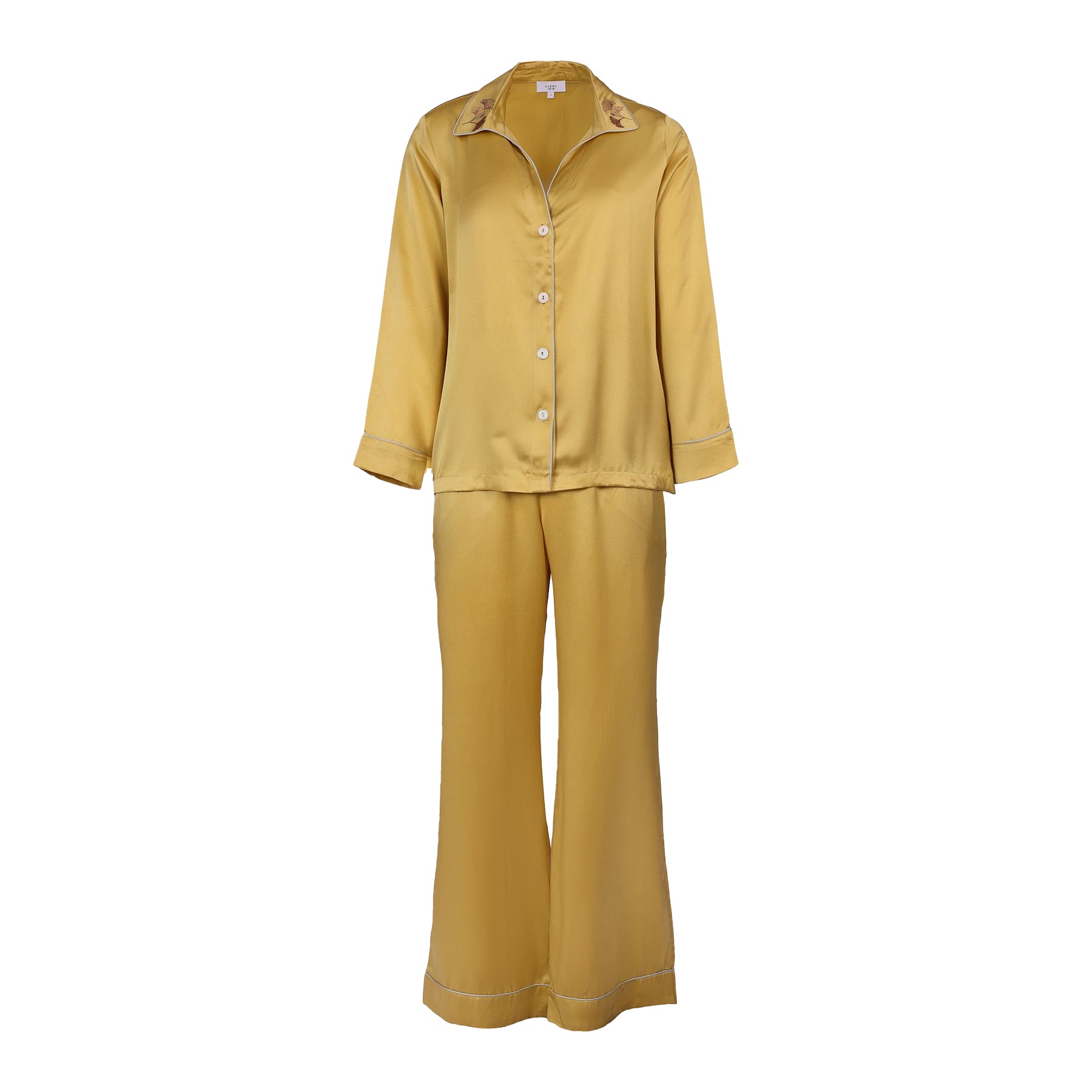 Solid gold classic button up pyjama set made of silk. Front view without model.