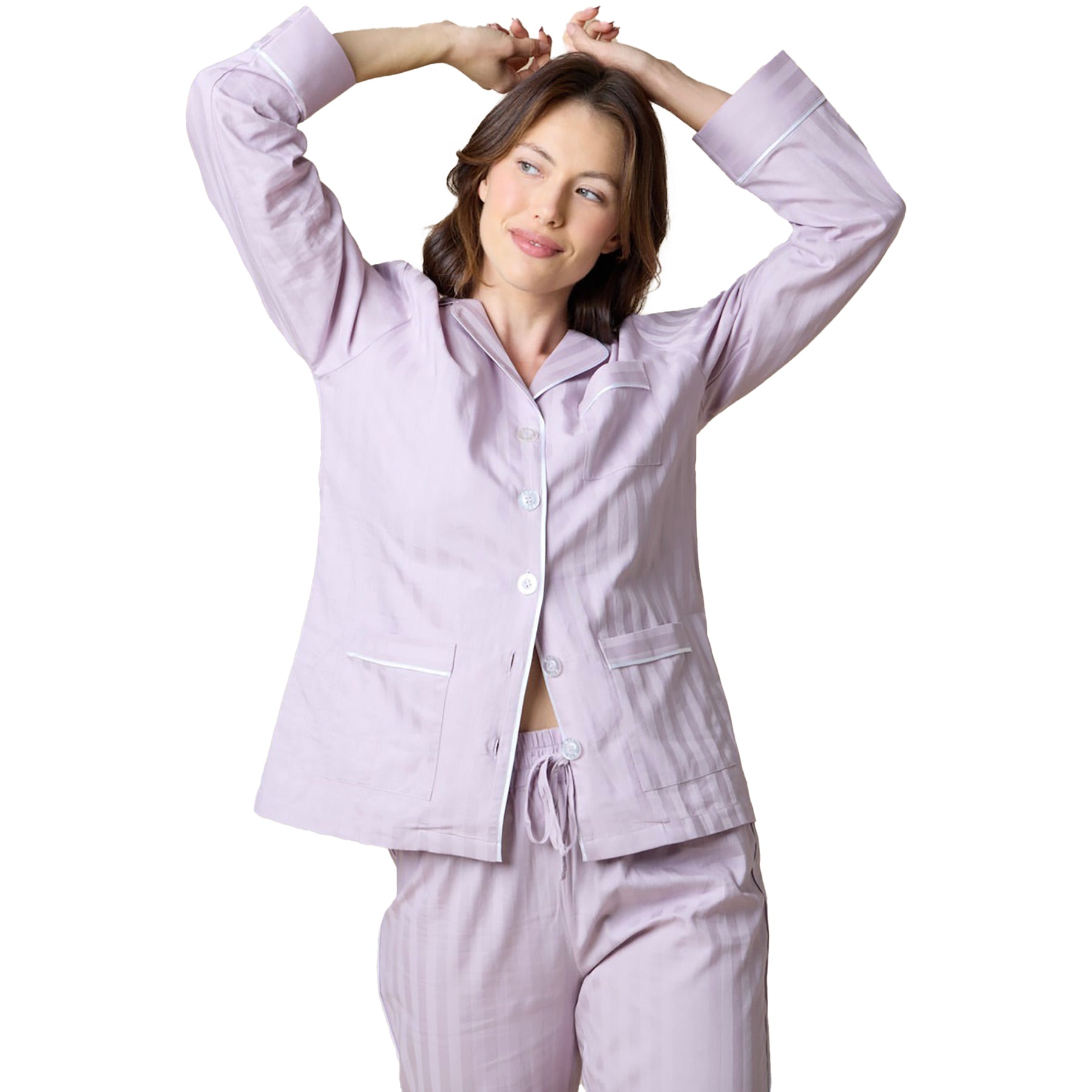 Lavender cotton classic pyjama set with contrast white piping. Front view closeup on model.