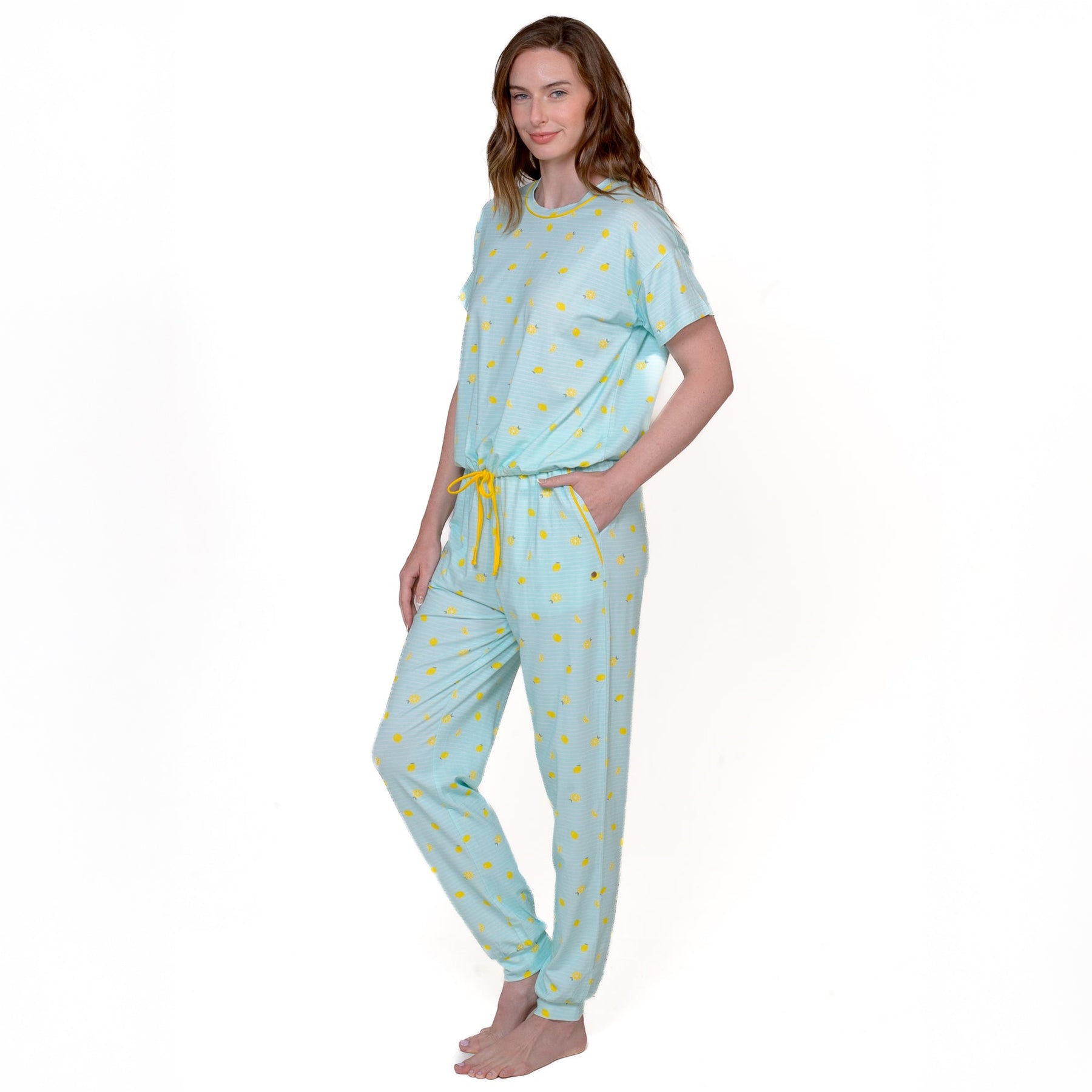 Side view of aqua lemon print lounge set with short sleeve top and drawstring jogger pants - soft cotton pyjamas.