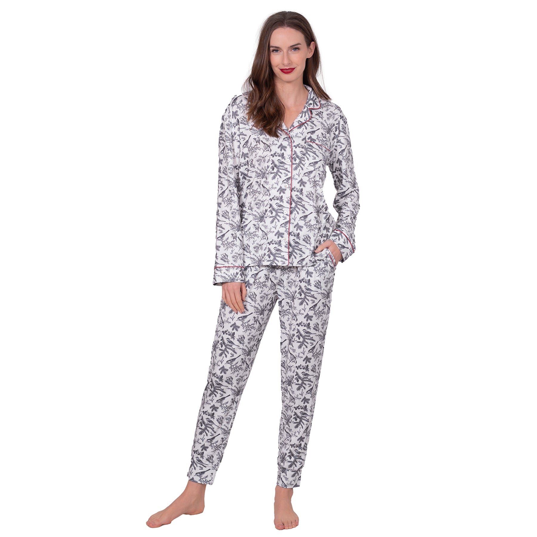Full view of LatteLove women’s Cream Winter Birds pyjama set with relaxed jogger pants.