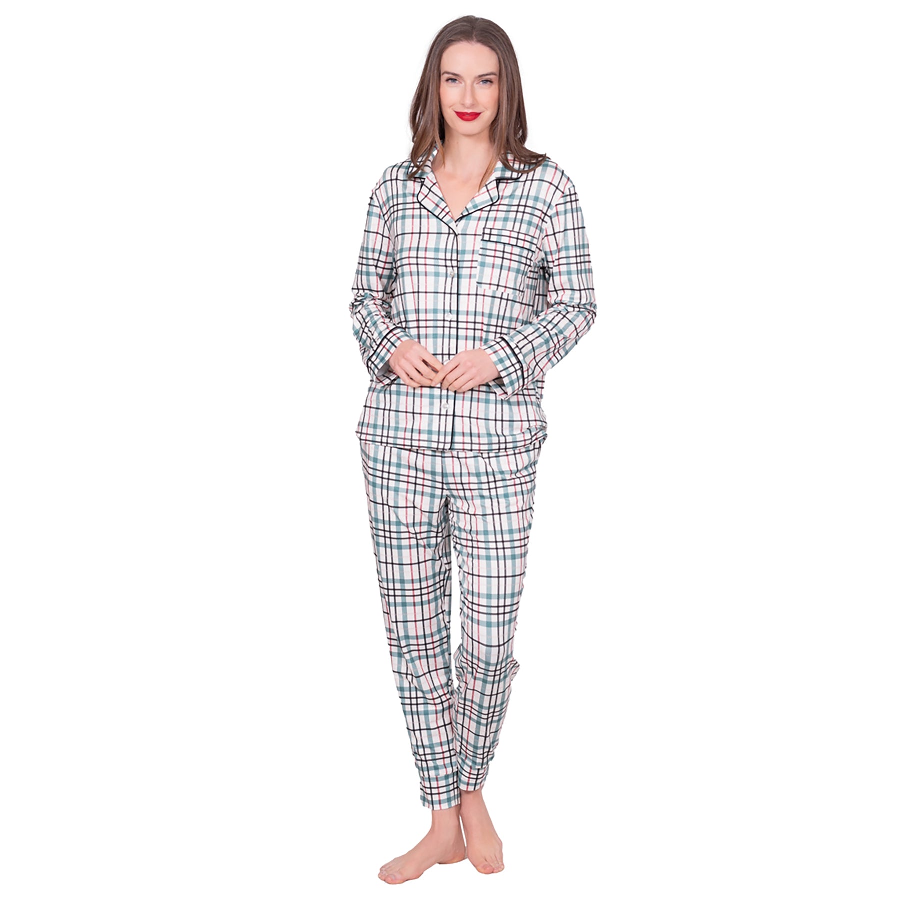 Full view of LatteLove women’s Green Plaid pyjama set, soft cotton fabric with classic piping detail.