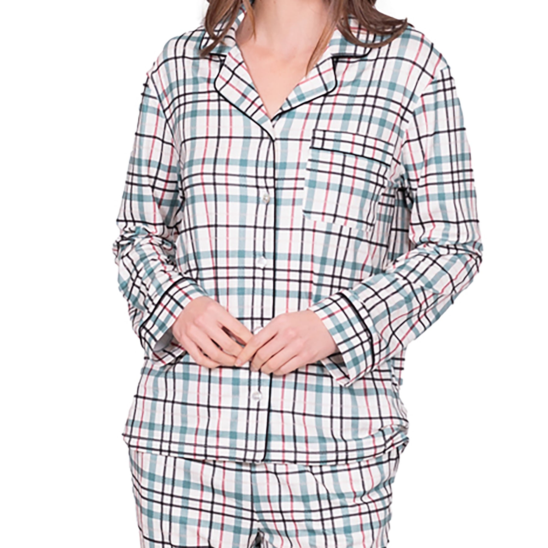 Close-up of LatteLove plaid pajama top with button-up front and chest pocket.