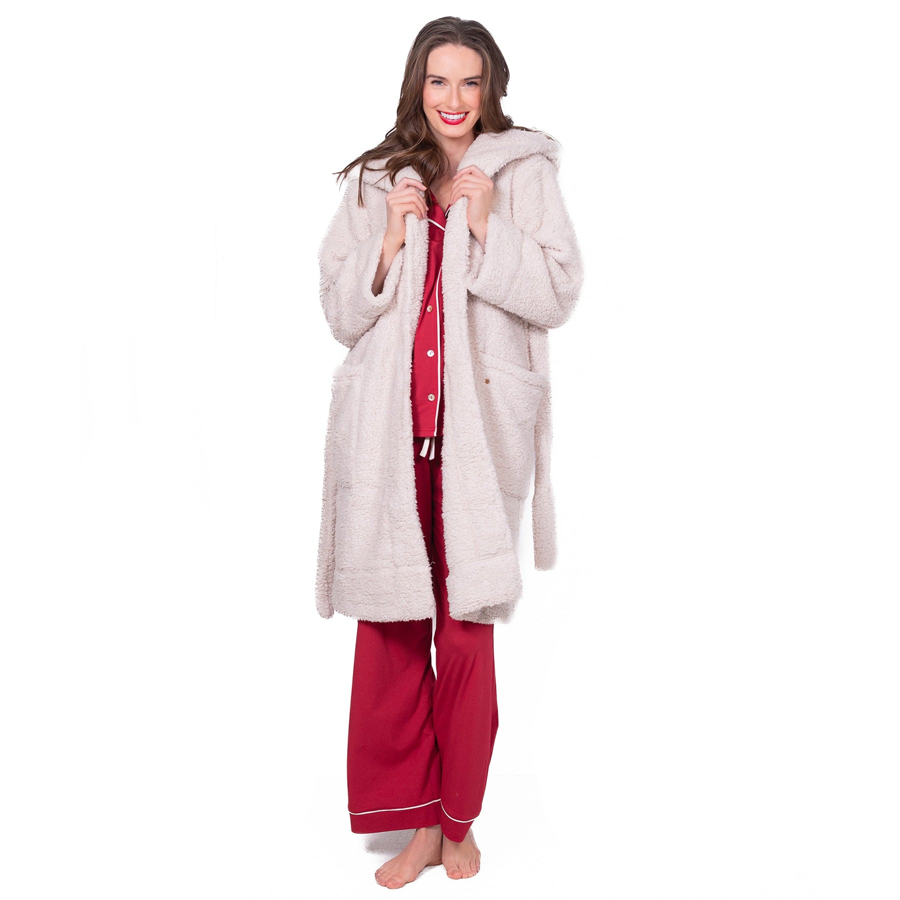 Front view of LatteLove Toasted Marshmallow Sherpa Robe showing hood, pockets, and tie belt.