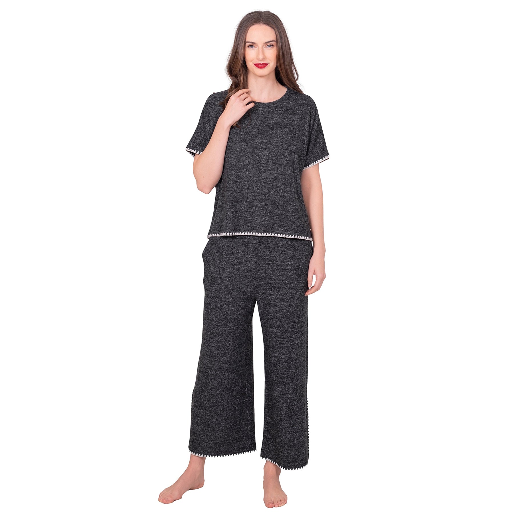 Full front view of LatteLove Black Mix lounge set with soft knit texture and relaxed silhouette.