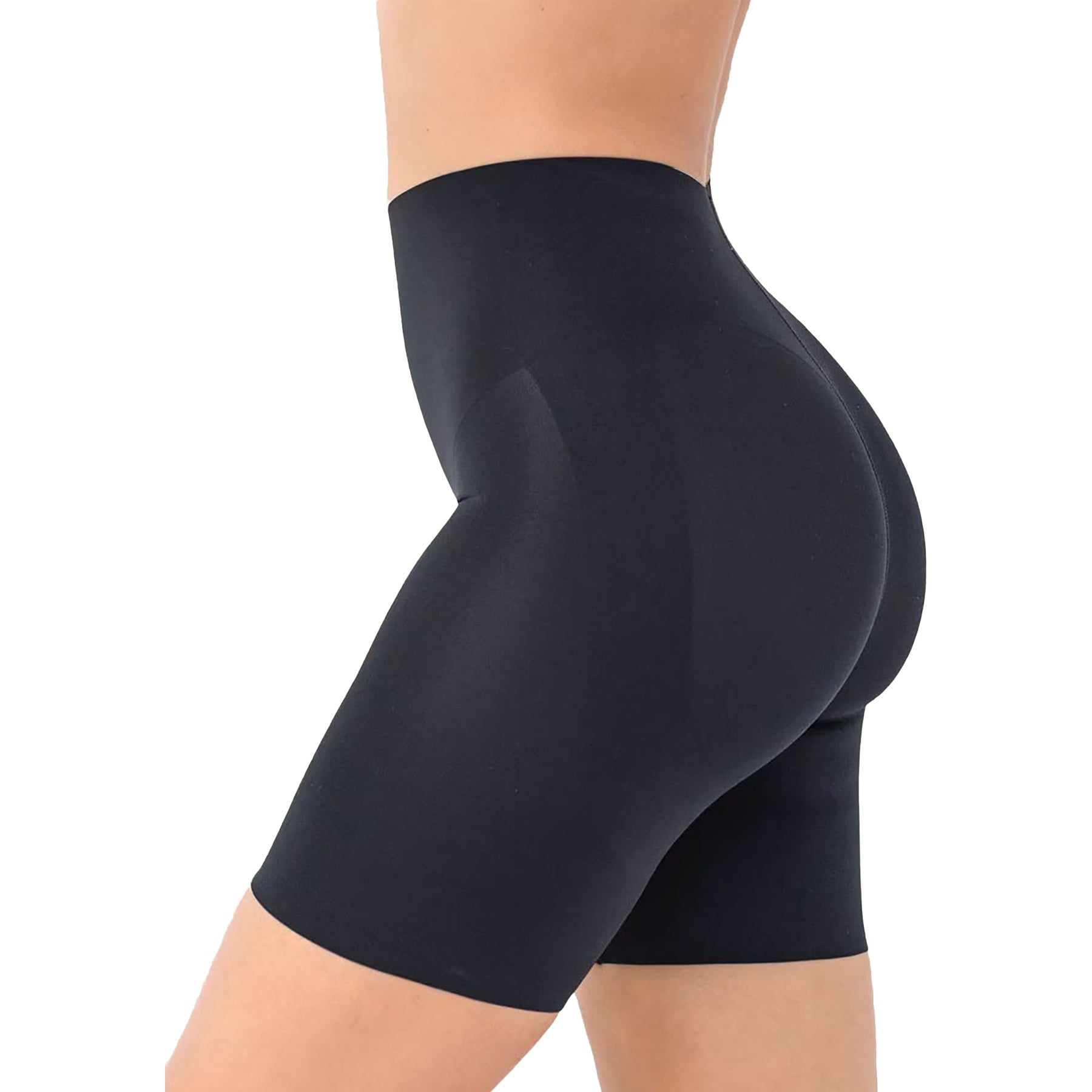 Shaper butt lift shorts in black. Side view on model closeup.