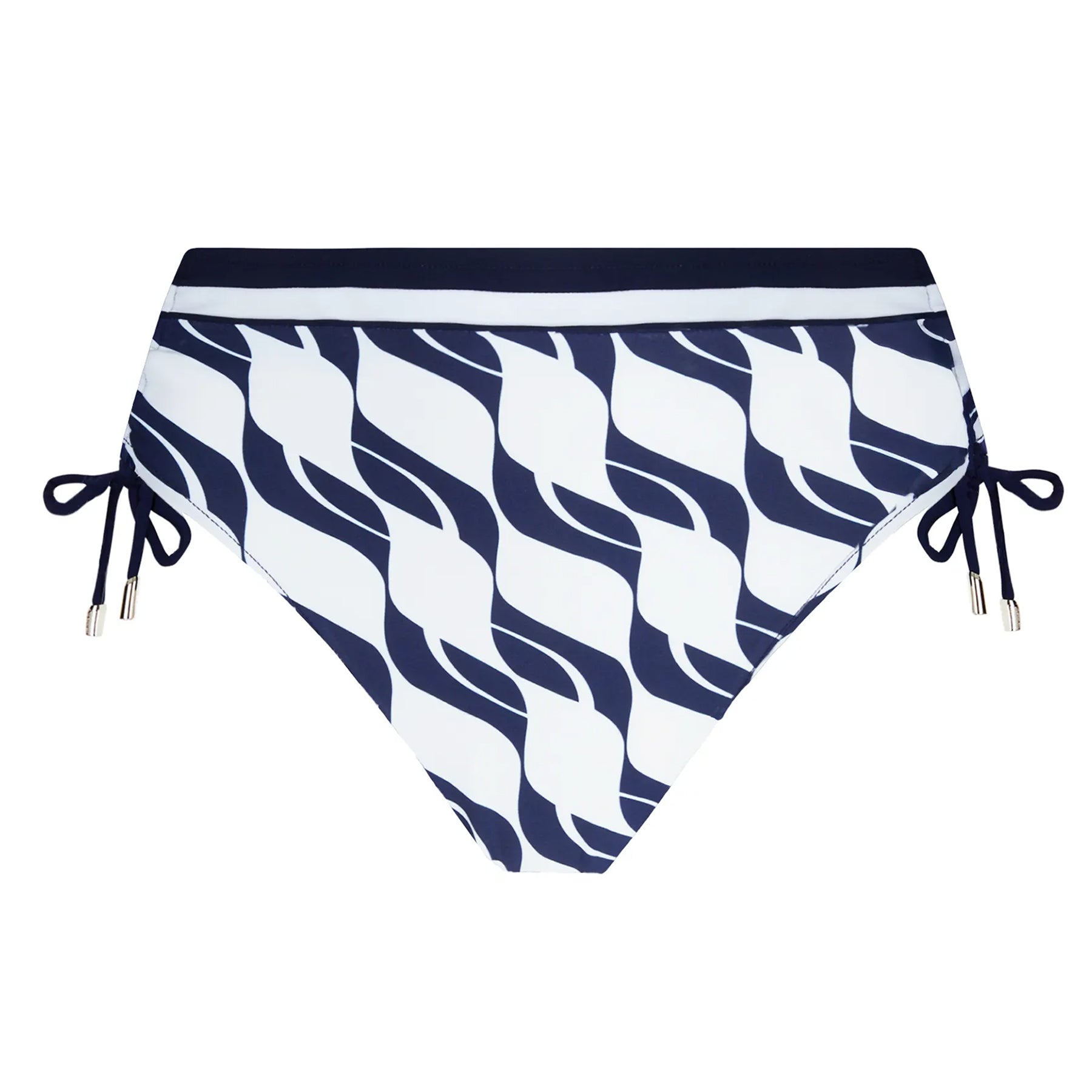 Lise Charmel ABB0696 danse des vagues bikini bottom with side ties in a  navy and white print. Flat lay front view without model. 