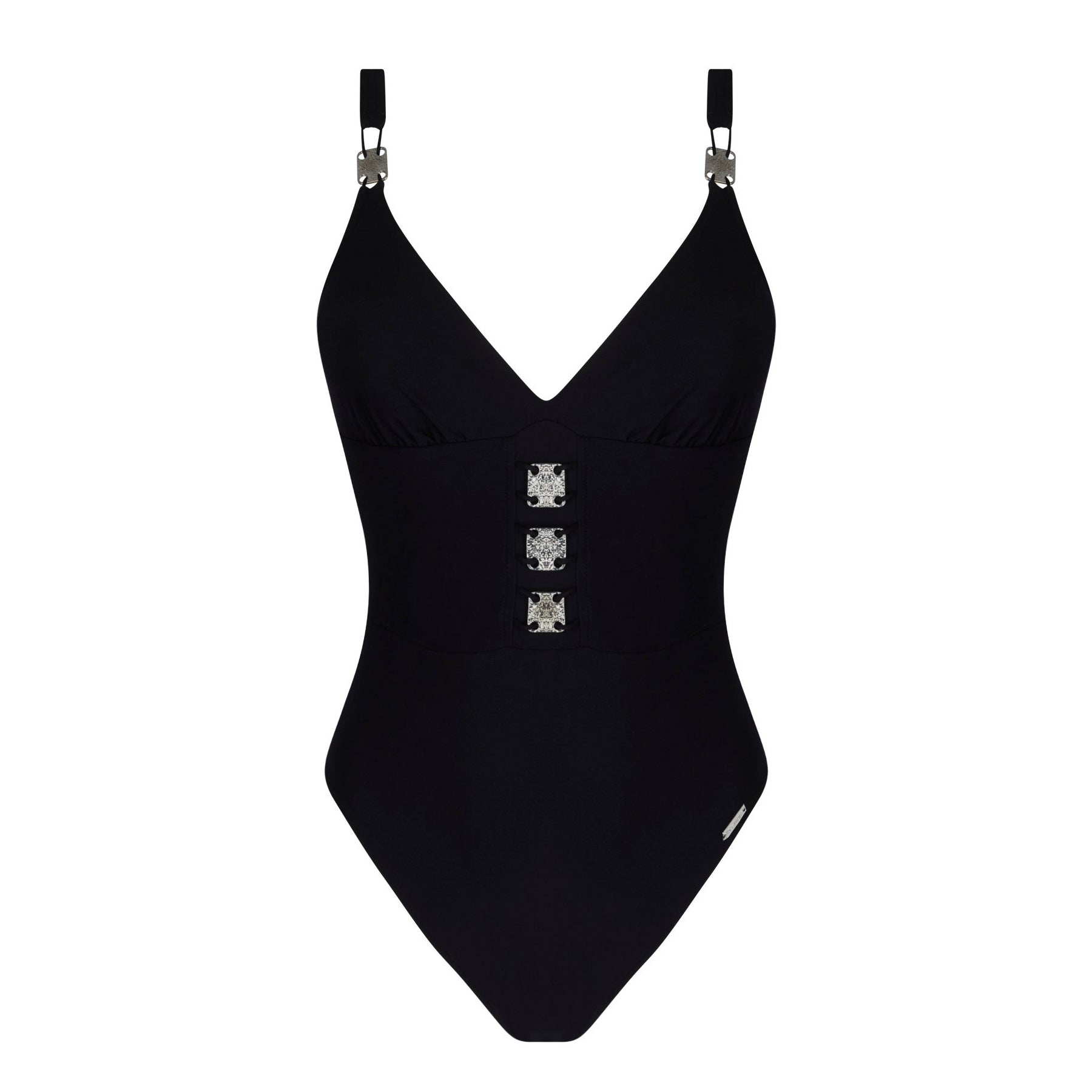Front view of Lise Charmel Eclat d’Argent black one-piece swimsuit with soft cups, plunging neckline, and silver hardware detail