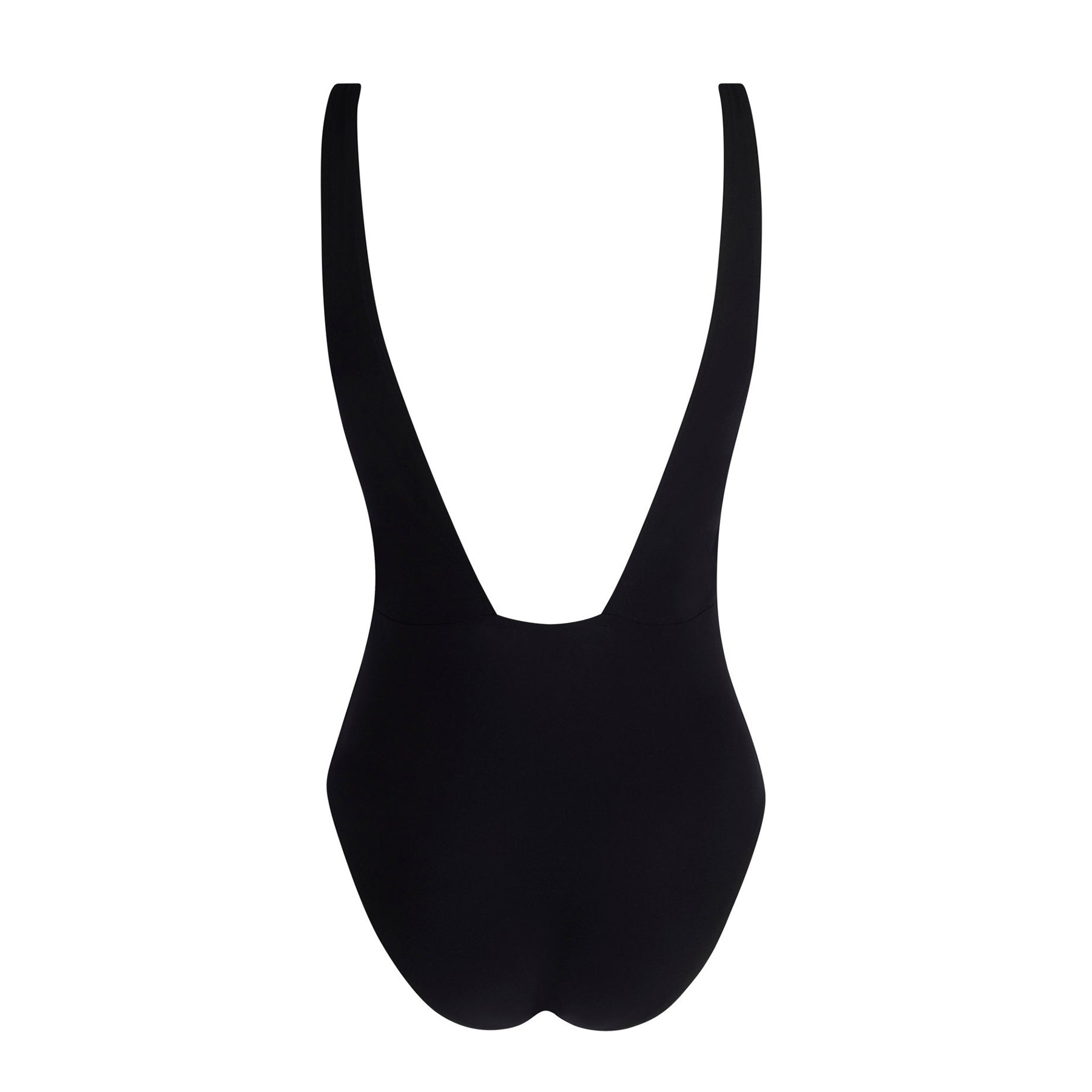 Back view of Lise Charmel Eclat d’Argent black one-piece swimsuit featuring a deep scoop back and smooth sculpting fit