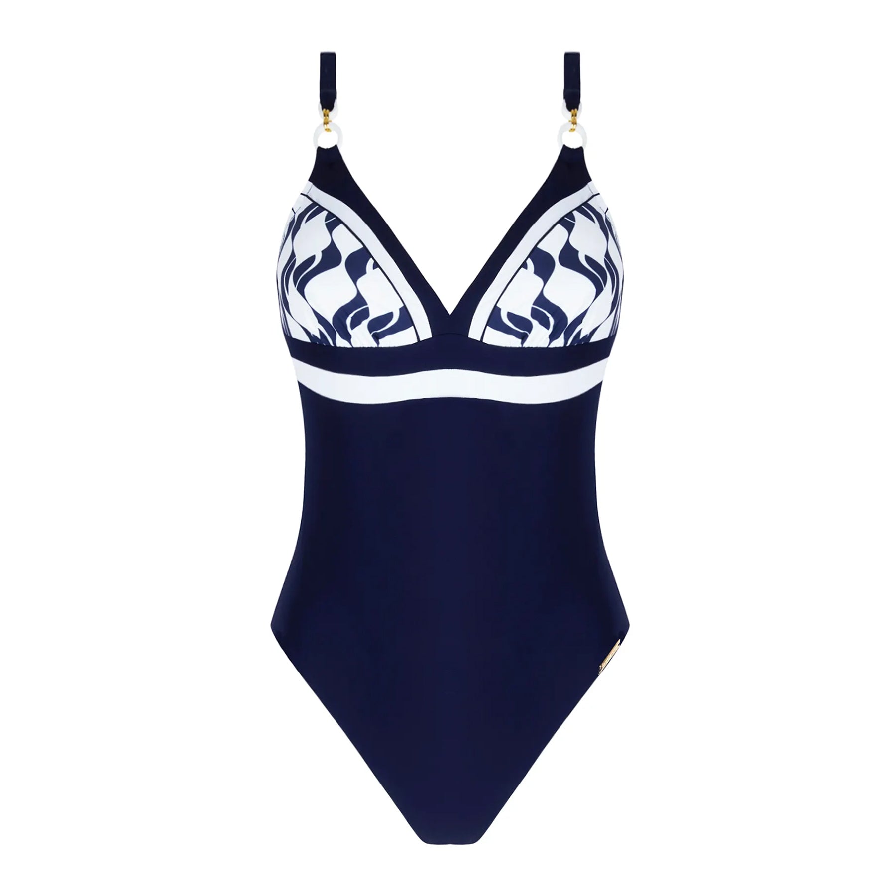 Lise Charmel ABB6996 danse des vagues wireless one piece swimsuit in a  navy and white print. Flat lay front view without model. 