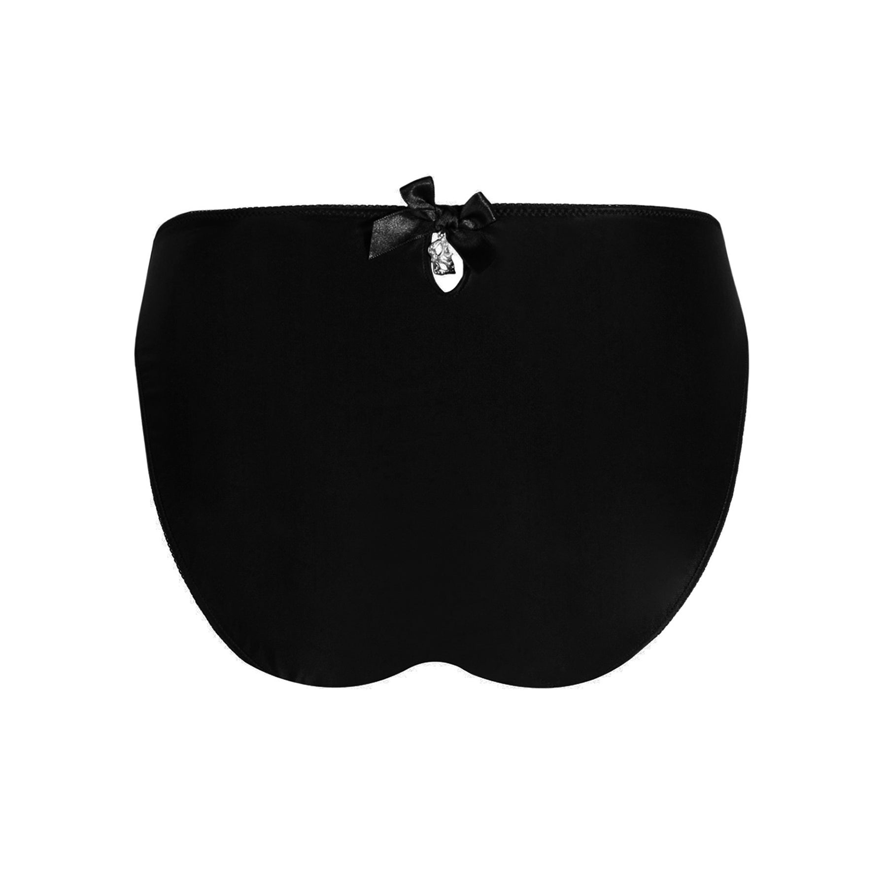 Soir de venise calais lace front fancy brief in black noir diamant. Rear view without model shows opaque knit.