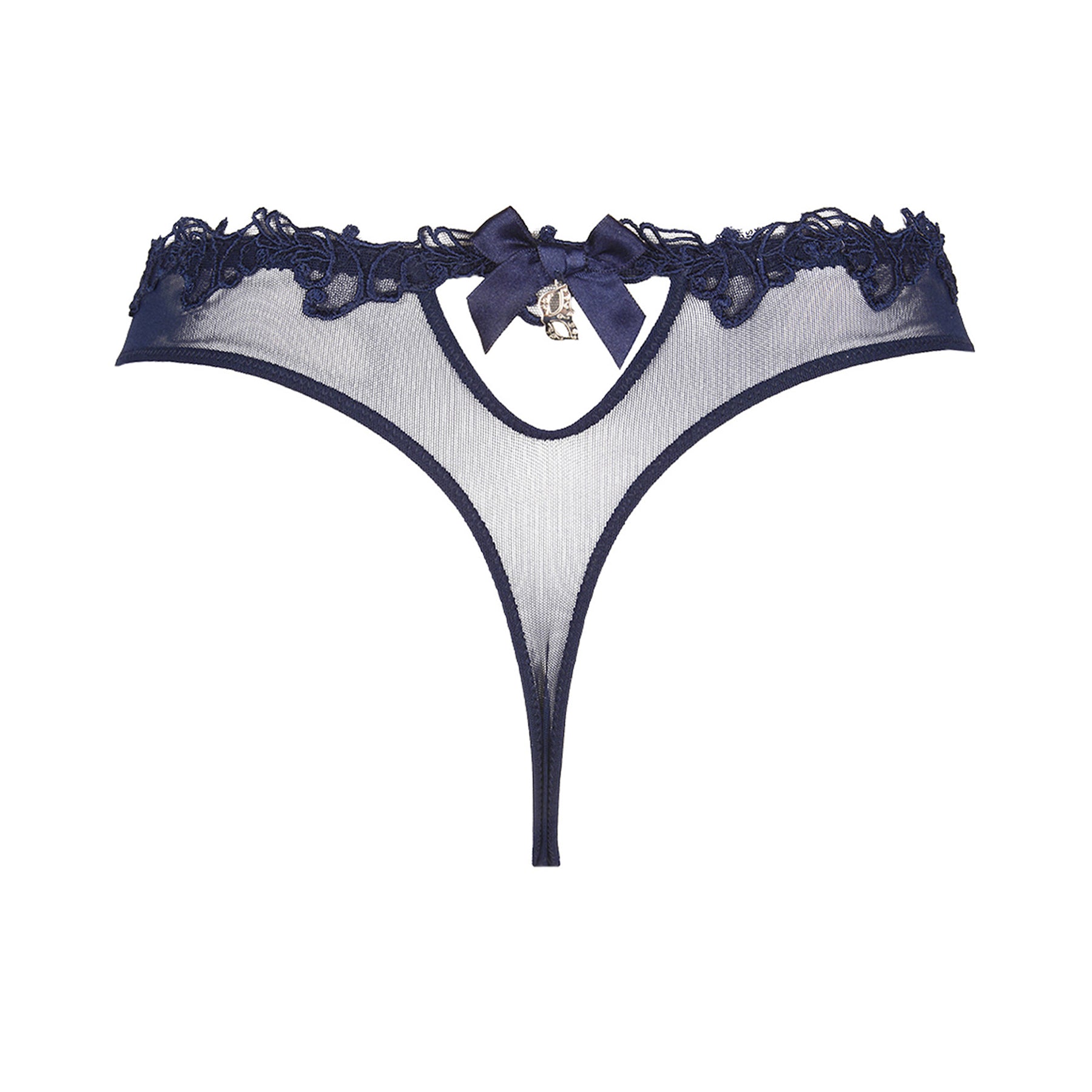 Lise Charmel soir de venise Calais lace thong in navy bleu venise. Rear view without model.