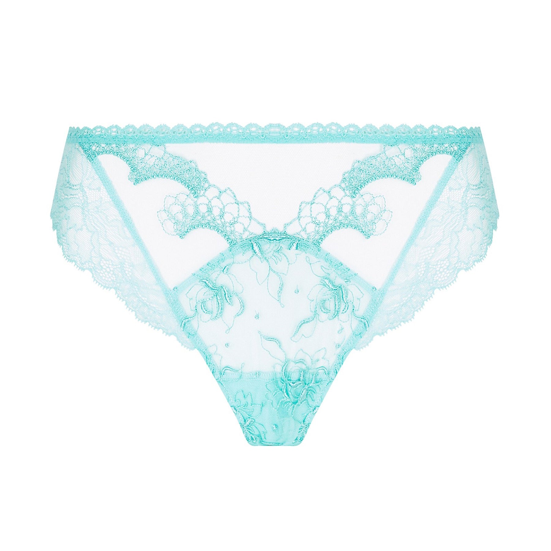 Tulle mesh Italian panty in aqua with embroidered tulle detail. Front view without model.