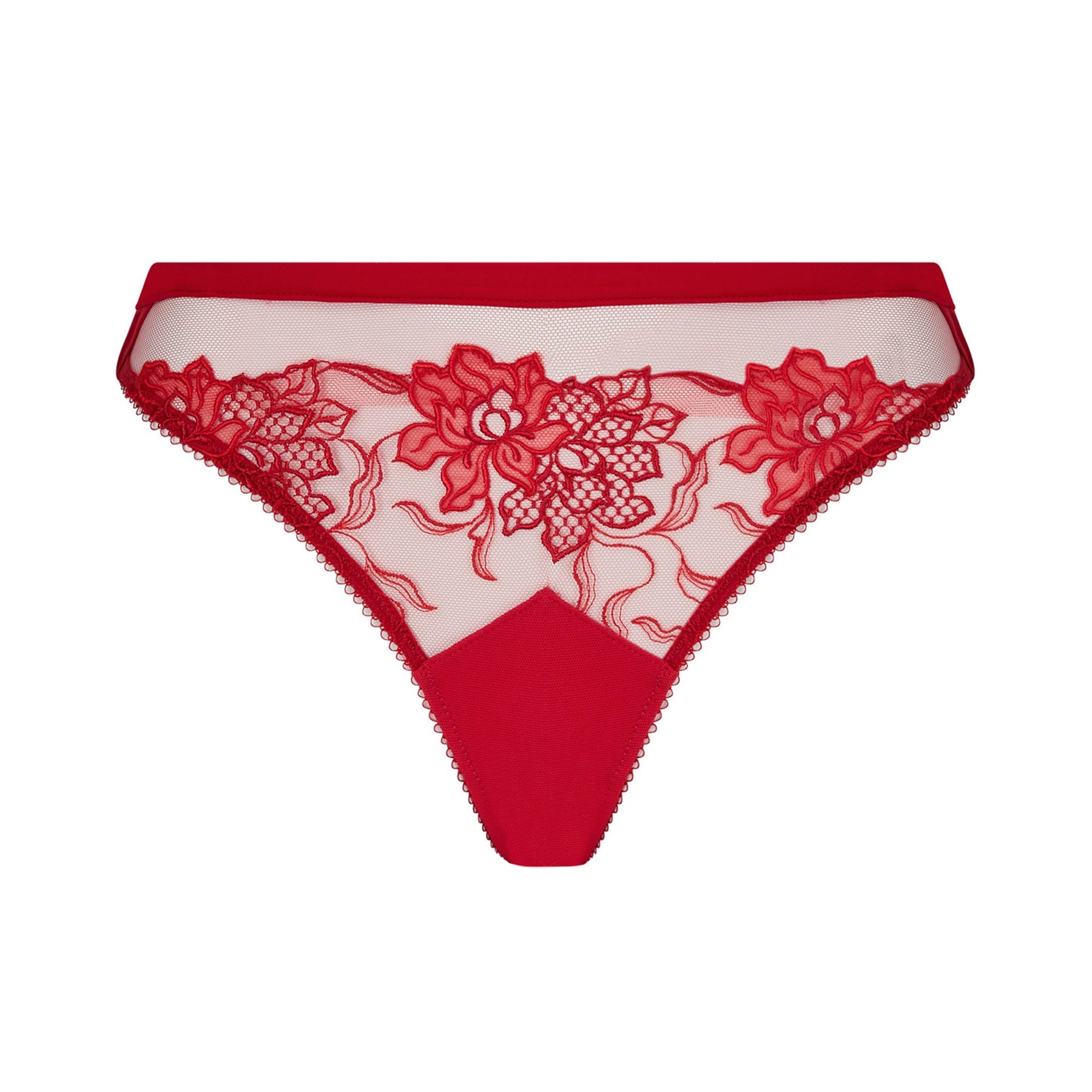 Lise Charmel Adorable En Sexy Italian bikini ACH0785 in Rouge Effusion, front view featuring sheer mesh and floral embroidery.