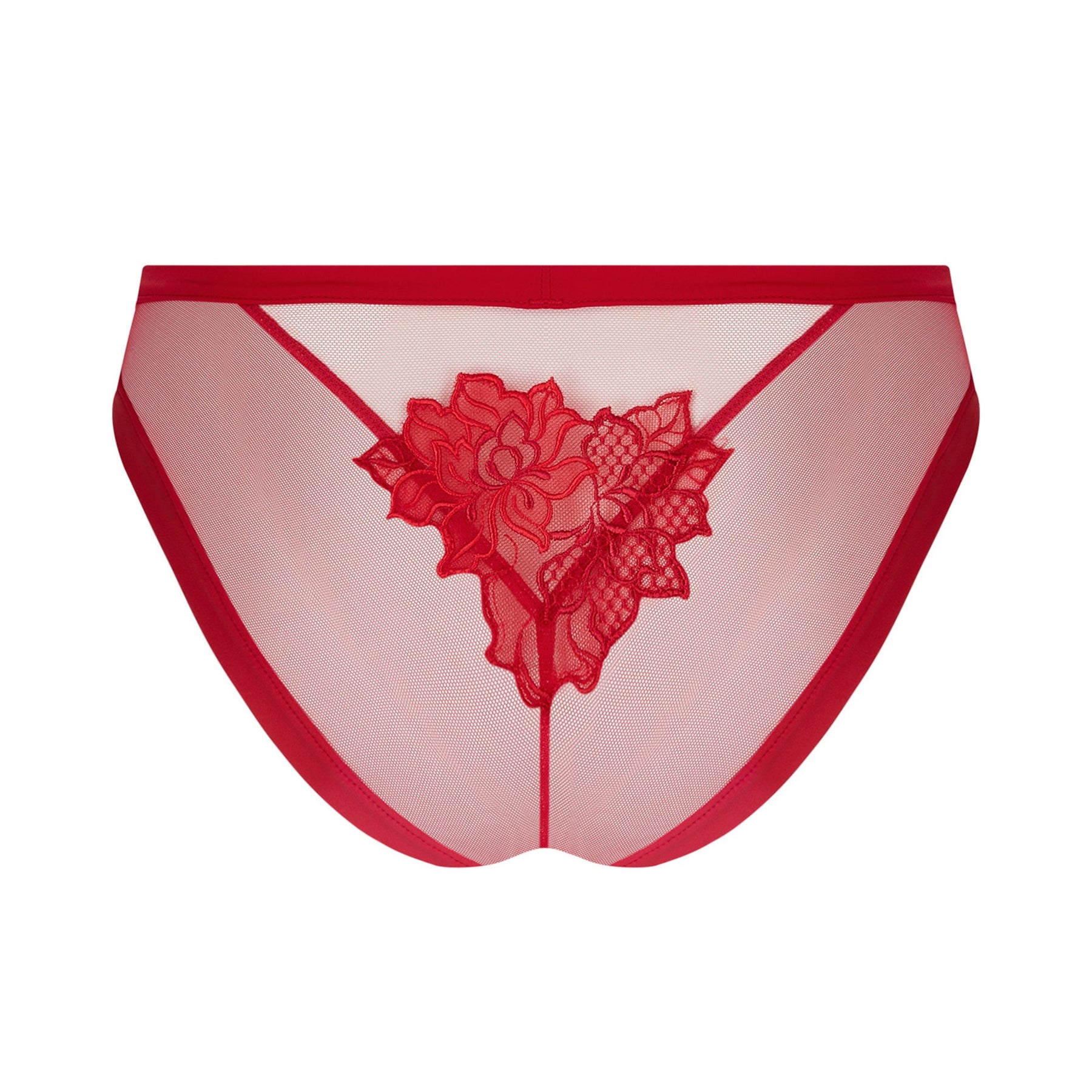 Lise Charmel Adorable En Sexy Italian bikini ACH0785 in Rouge Effusion, angled back view highlighting transparent mesh and floral embroidery detail.