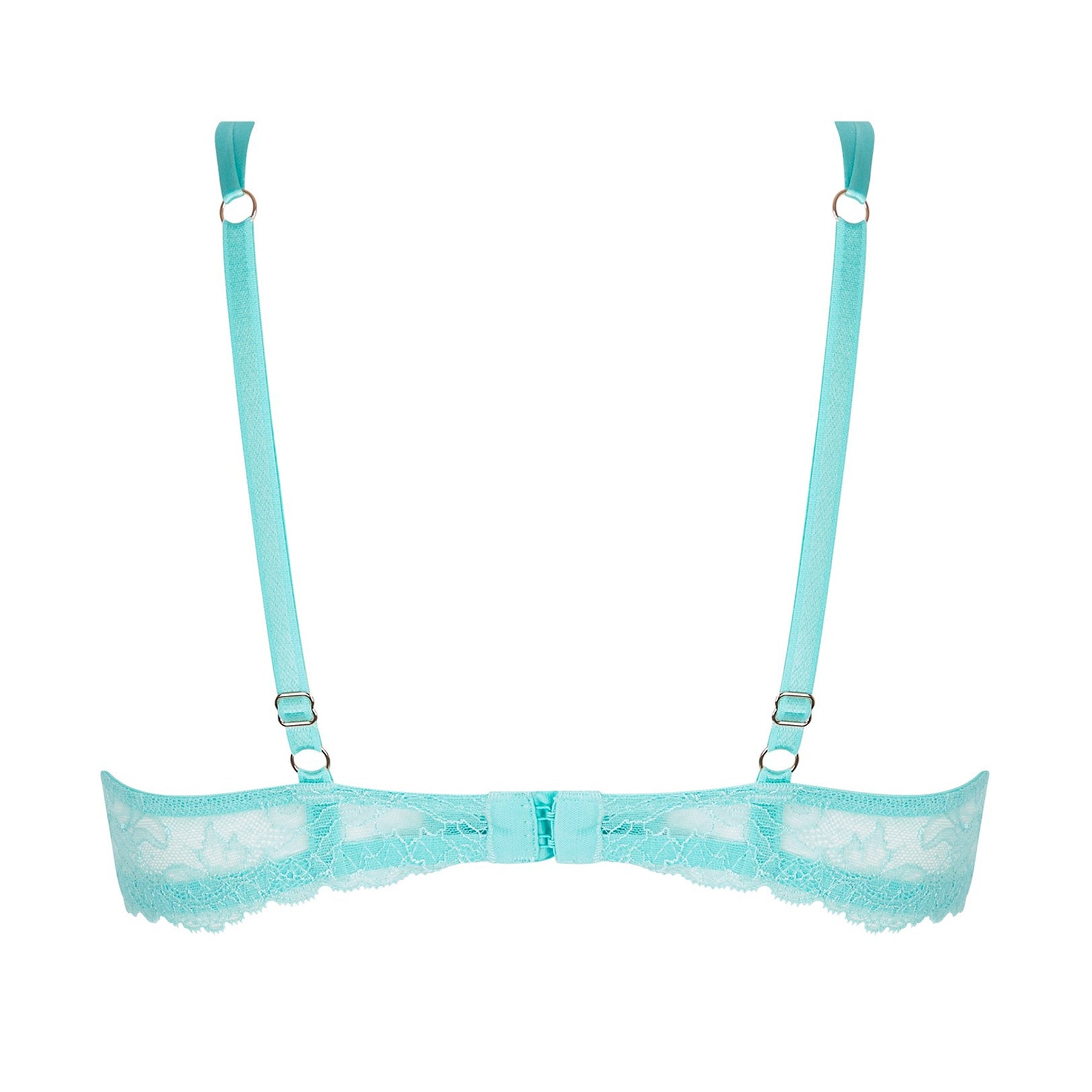 Full cup underwired bra in aqua with sheer embroidered tulle. Rear view without model.