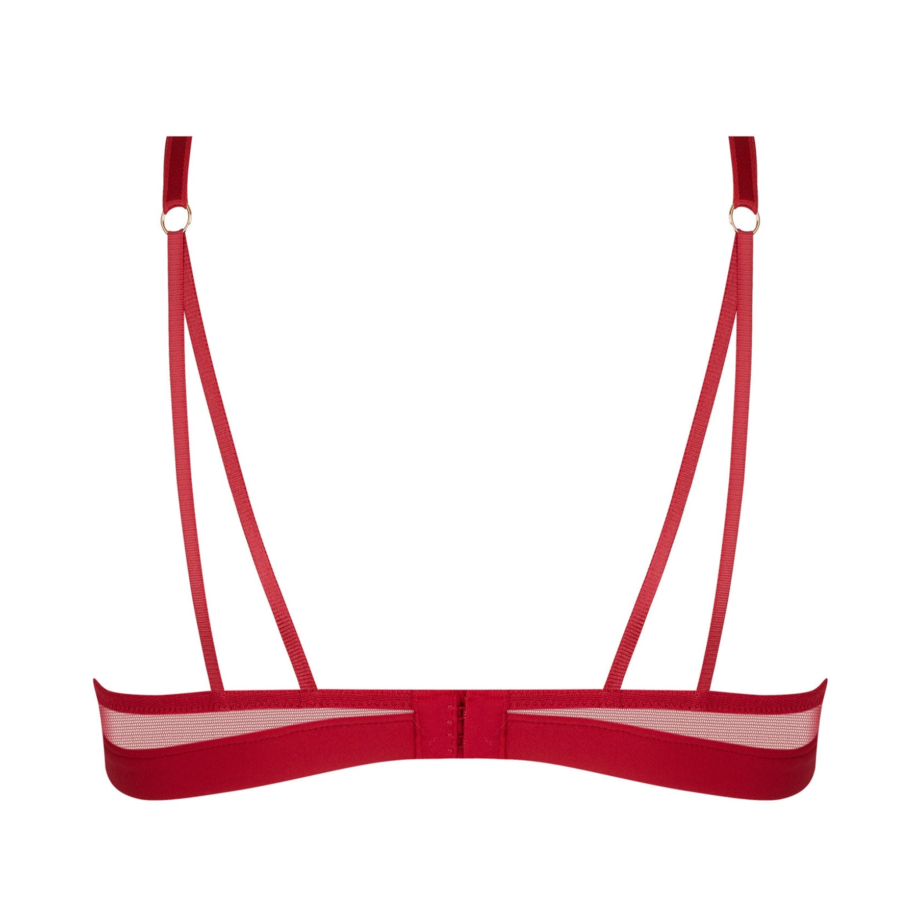 Lise Charmel Adorable En Sexy demi bra style ACH3485 in rouge effusion, back view showing adjustable straps, hook-and-eye closure, and sheer mesh band