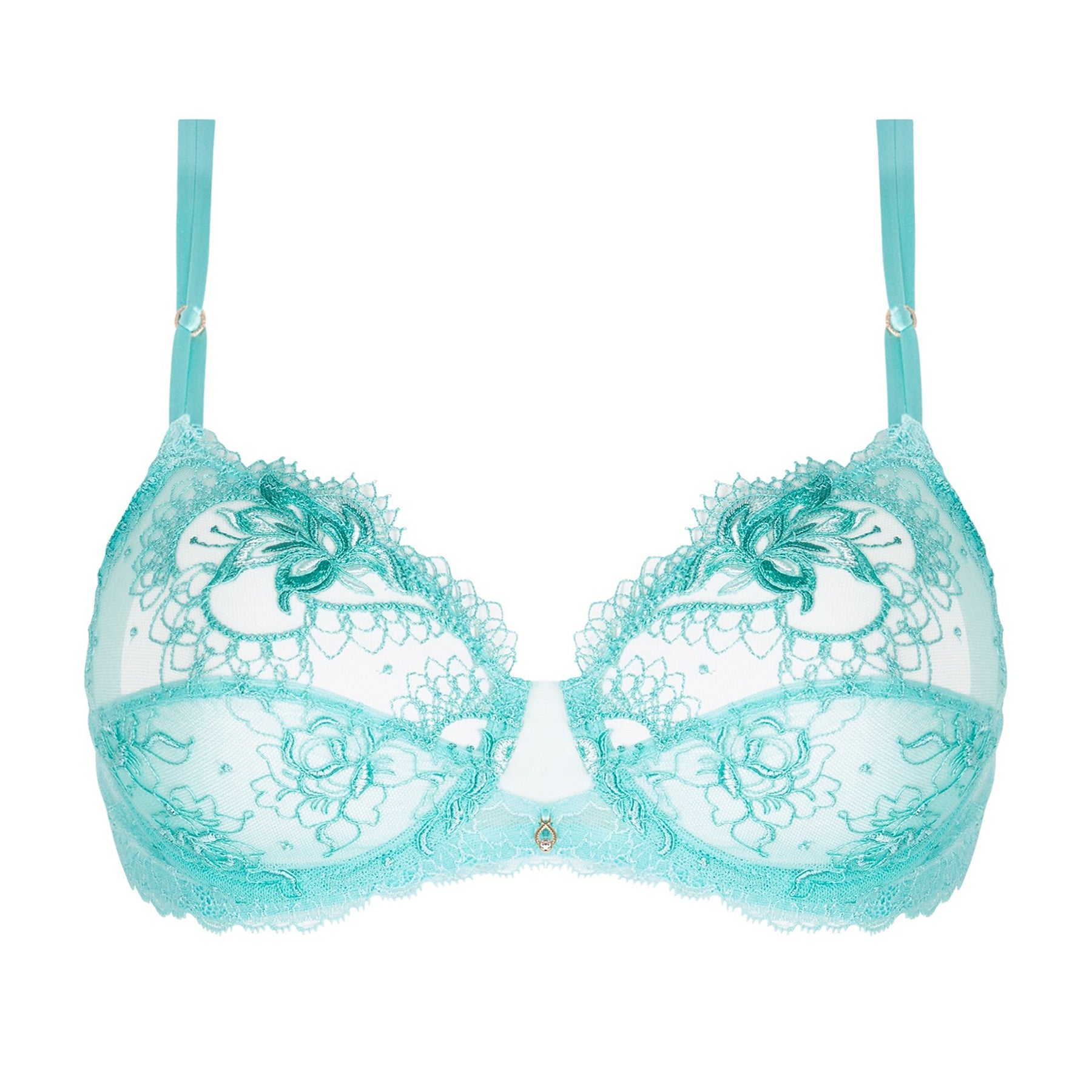 Full cup underwired bra in aqua with sheer embroidered tulle. Front view without model.