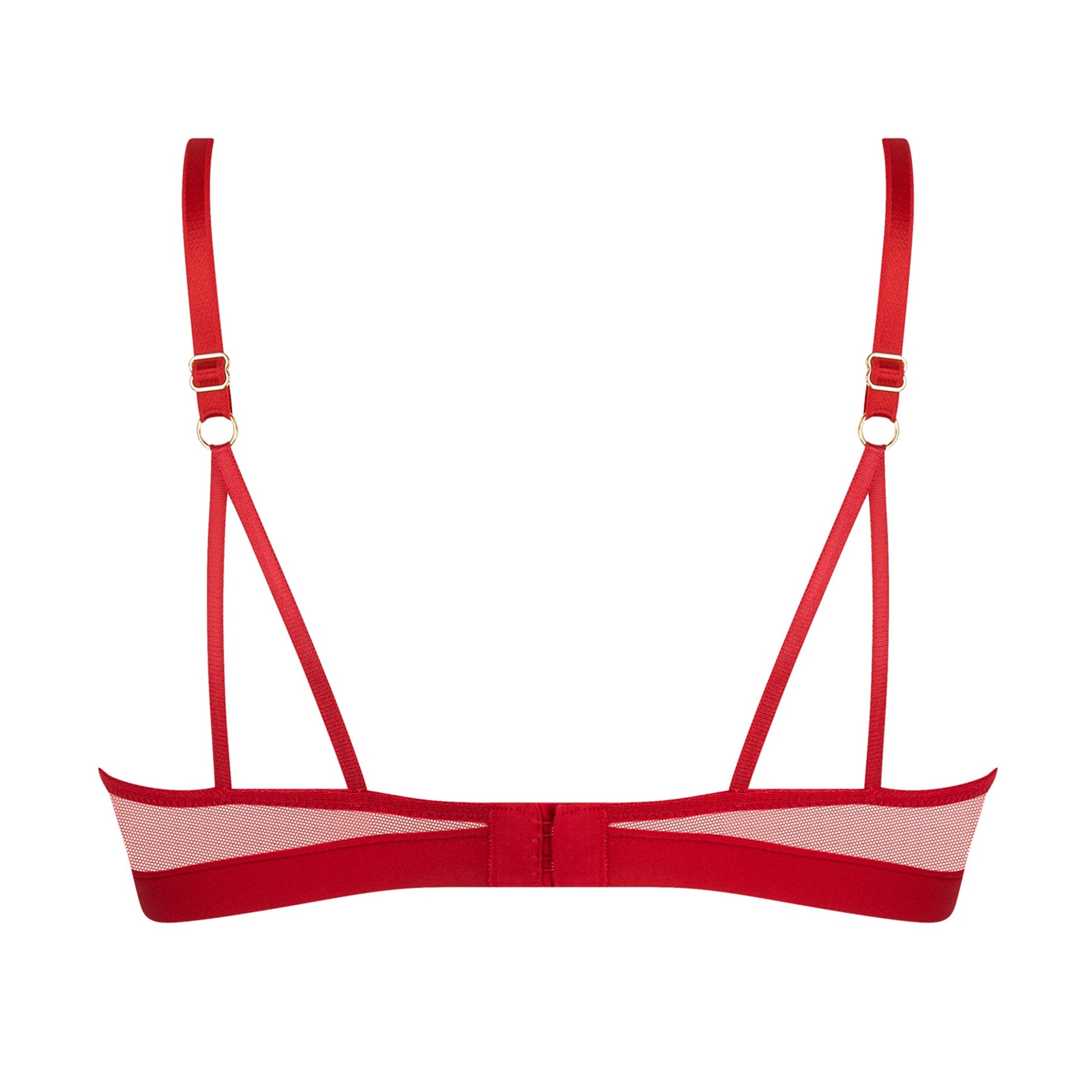 Lise Charmel Adorable En Sexy triangle bra style ACH6985 in Rouge Effusion worn on model, three-quarter view highlighting sheer mesh and embroidery