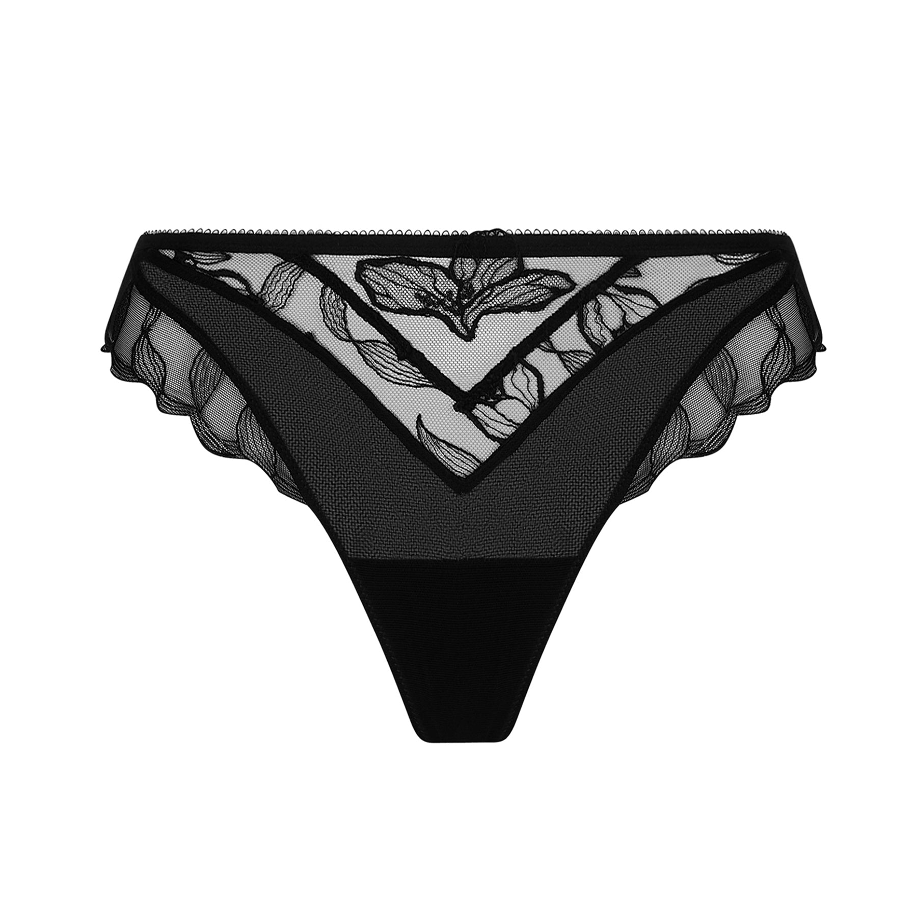 Lise Charmel Désir et Volupté black thong – embroidered floral tulle, scalloped lace edges, sheer mesh design, front product image.