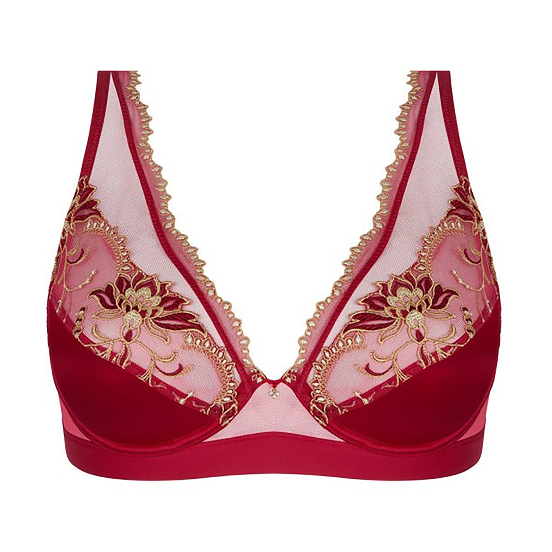 Lise Charmel Icone Plunge Triangle Bra in Rubis – front view of sheer tulle and gold embroidery, luxury red plunge bra.