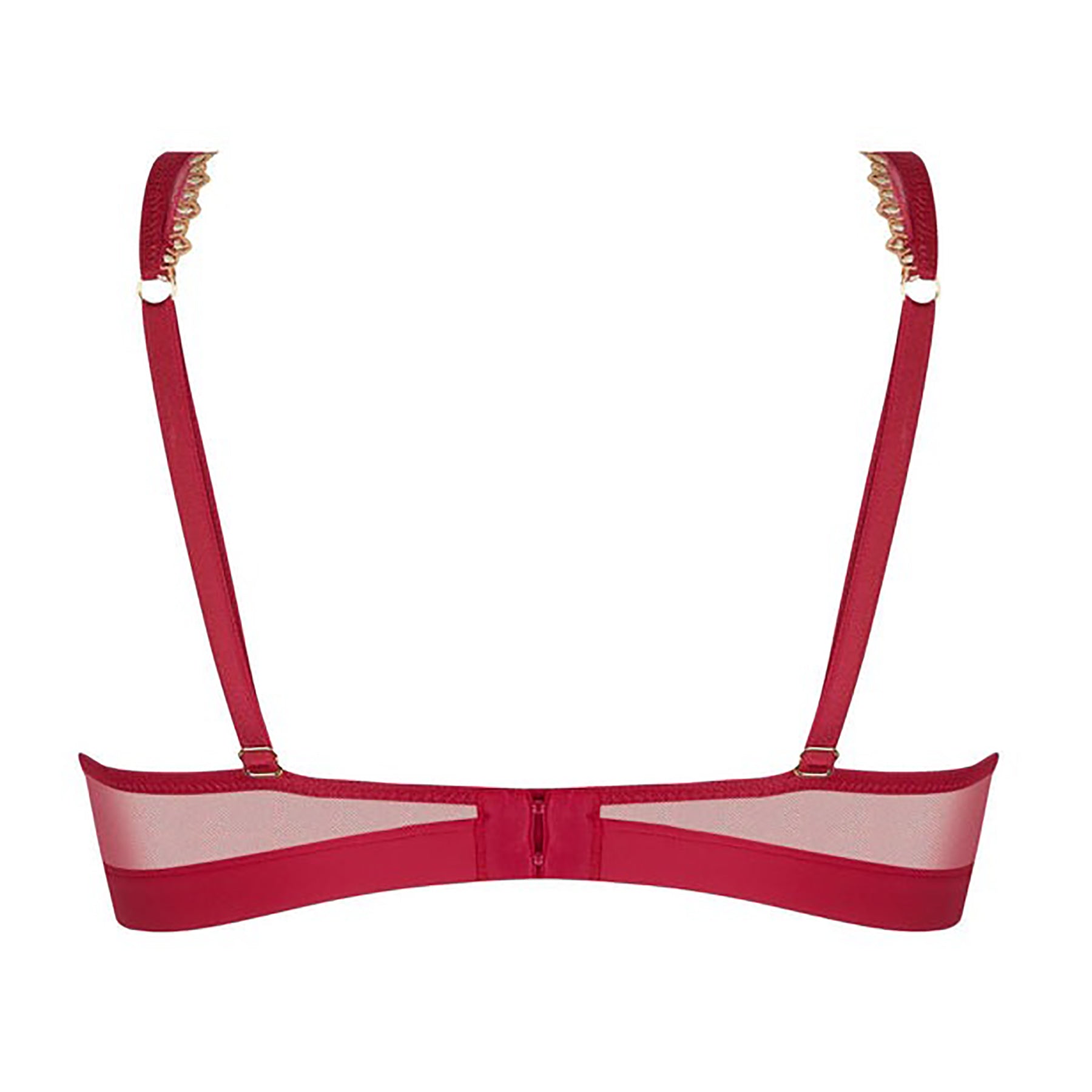 Lise Charmel Icone Plunge Triangle Bra back view – adjustable straps and sheer tulle band in rich Rubis red.