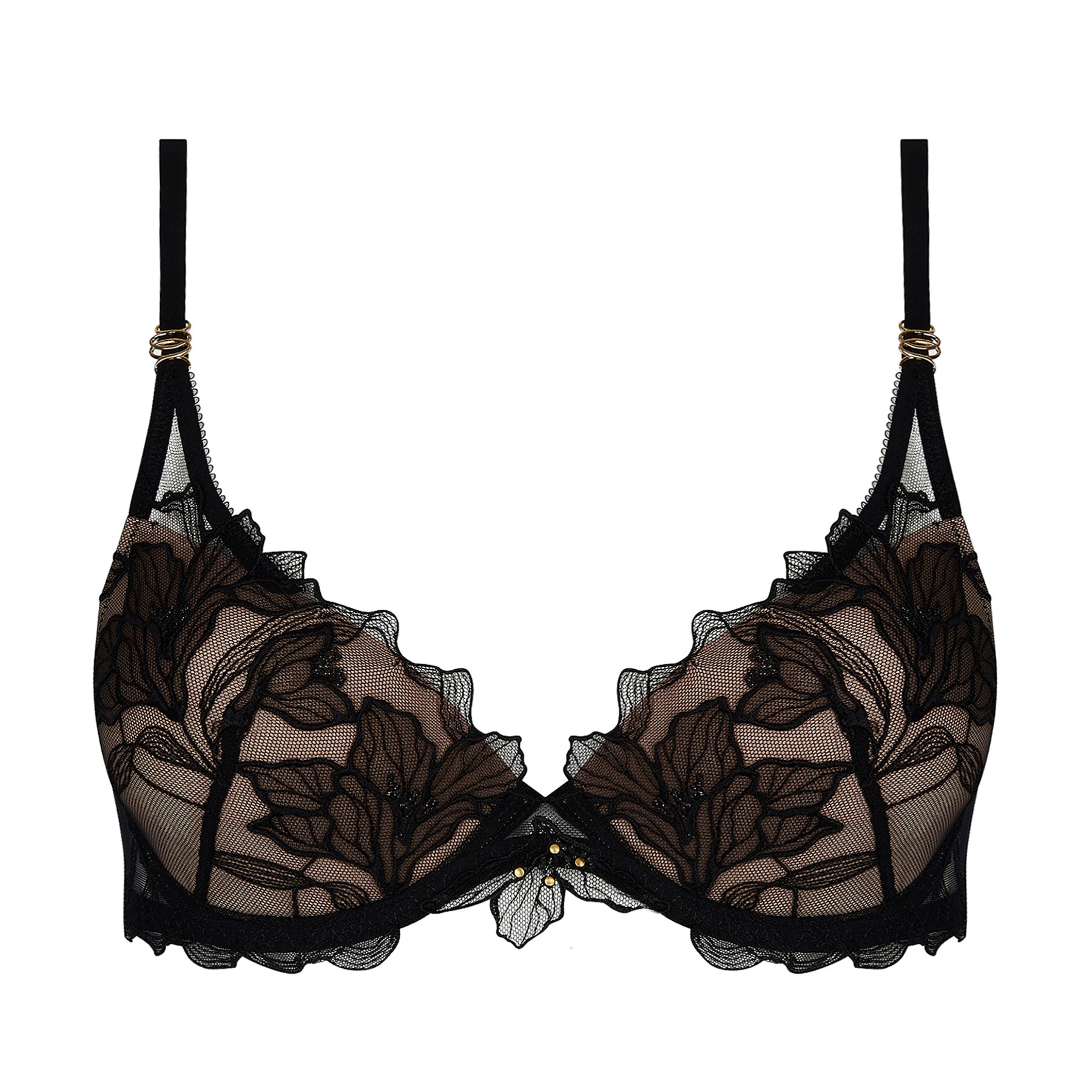 Lise Charmel Désir et Volupté bra in black – sheer embroidered floral tulle, scalloped lace edges, gold strap accents, front product image.