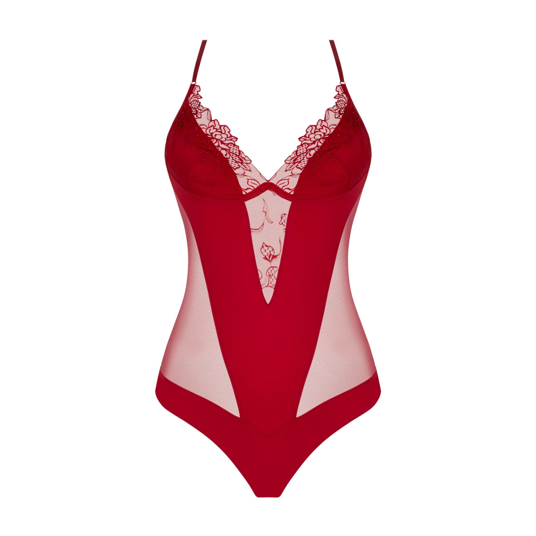 Lise Charmel Adorable En Sexy bodysuit style ALH5285 in rouge effusion, front view showcasing deep plunge neckline, embroidered lace cups, and sheer mesh panels.