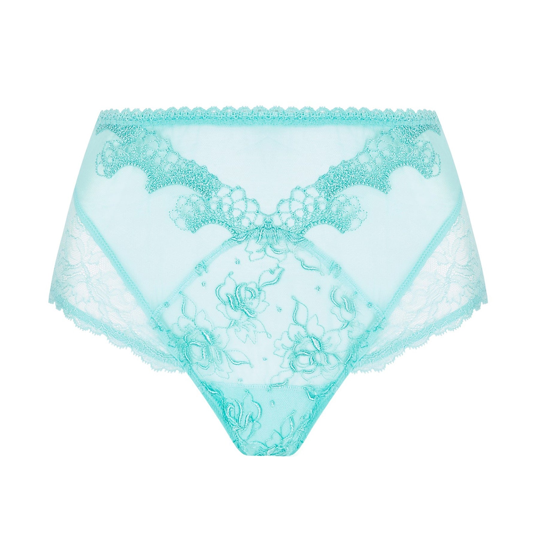 Tulle mesh high waisted brief in aqua with embroidered tulle detail. Front view without model.