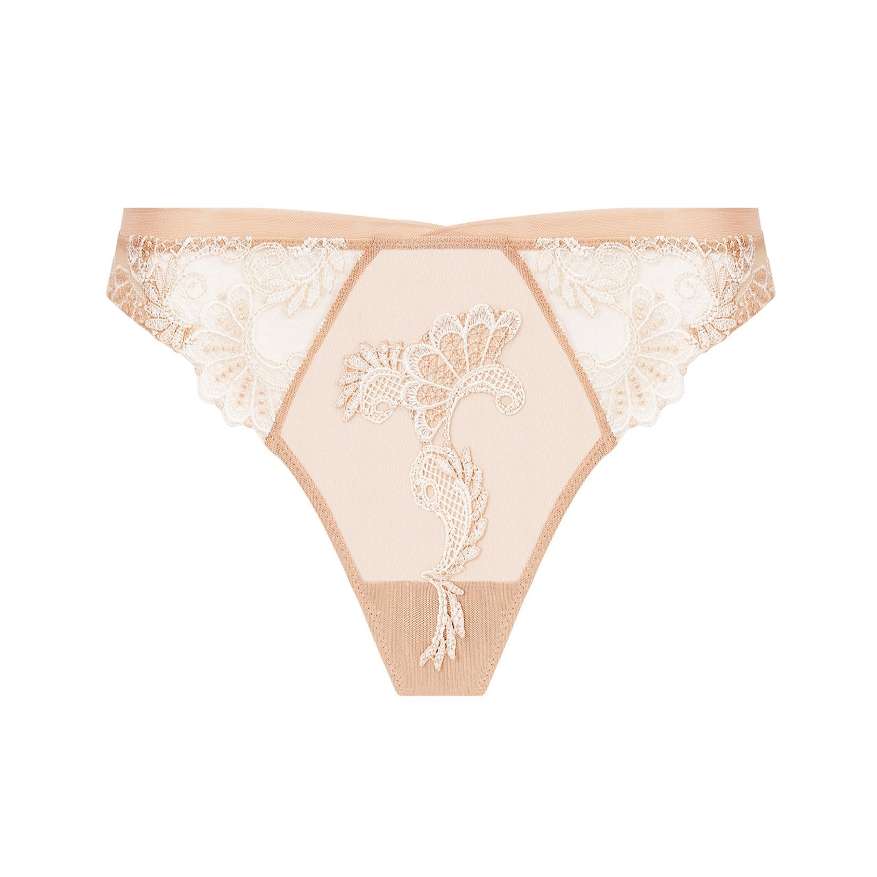 Nude ambre nacre thong in sheer tulle mesh with intricate embroidery throughout. Front view without model. 