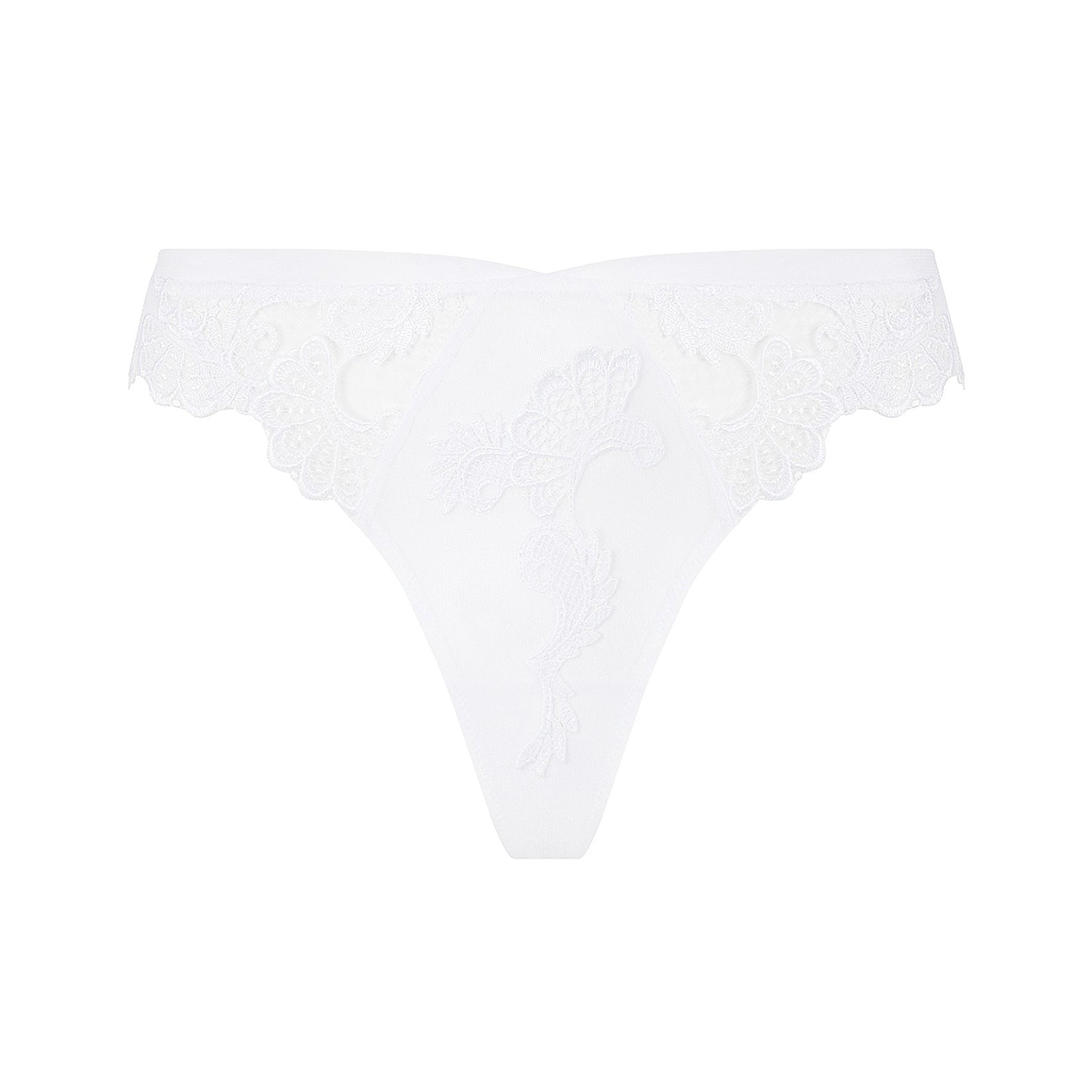 White blanc thong in sheer tulle mesh with intricate embroidery throughout. Front view without model. 