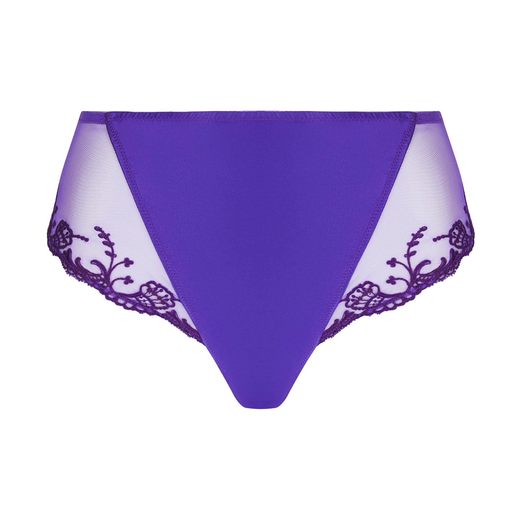 Full brief panty in purple ocean blue with embroidery detail on silk. Front view no model.