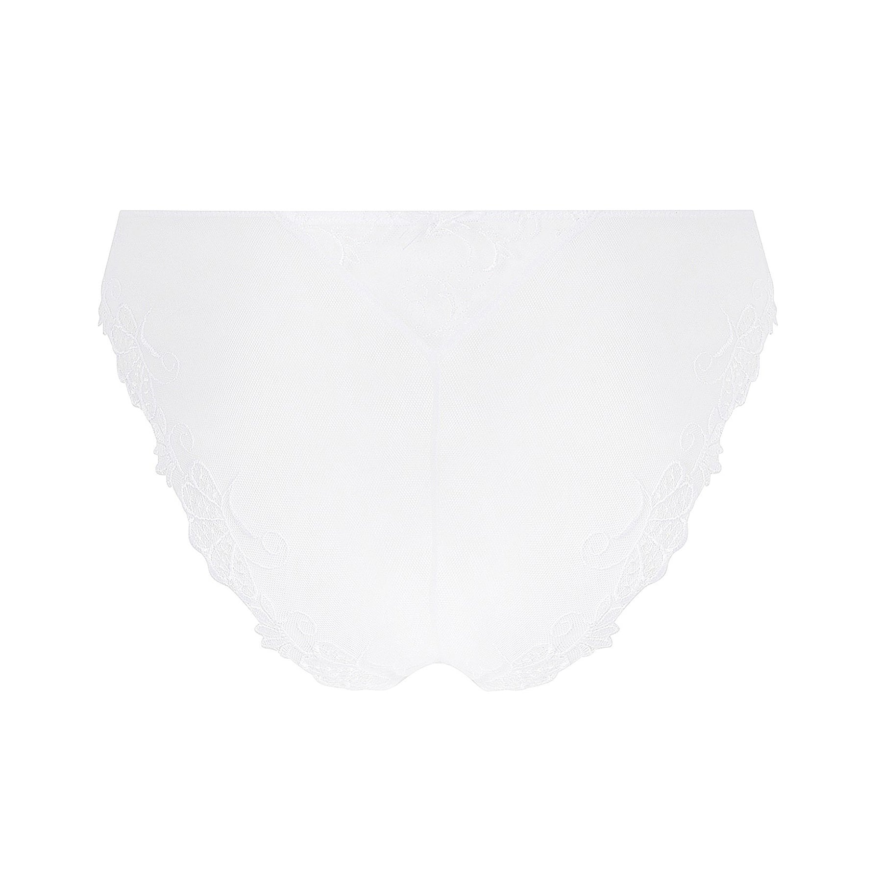 White Italian panty in sheer tulle mesh with intricate embroidery throughout. Rear view without model.