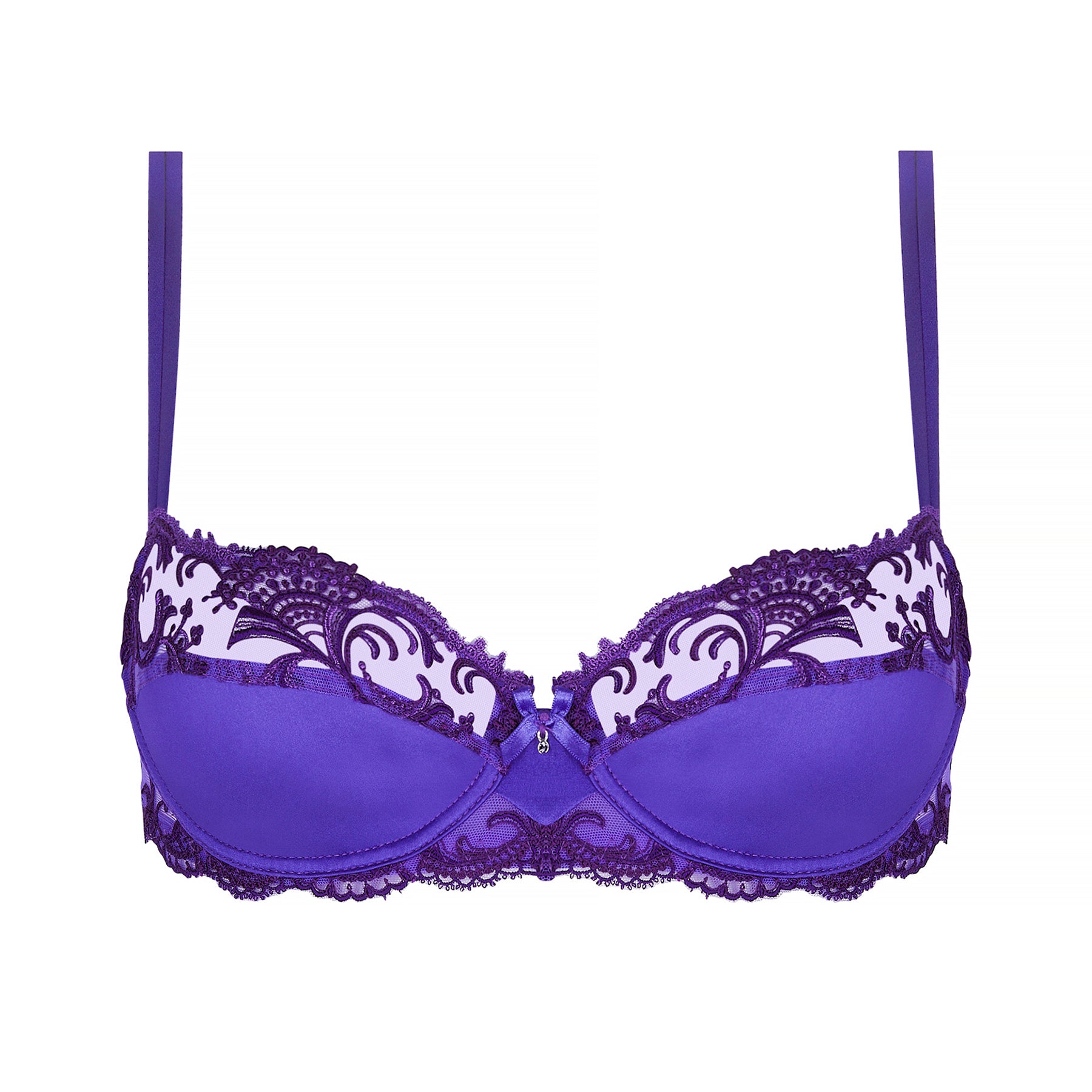 Demi cup balcony bra in purple ocean blue with embroidery detail on silk and tulle. Front view without model.