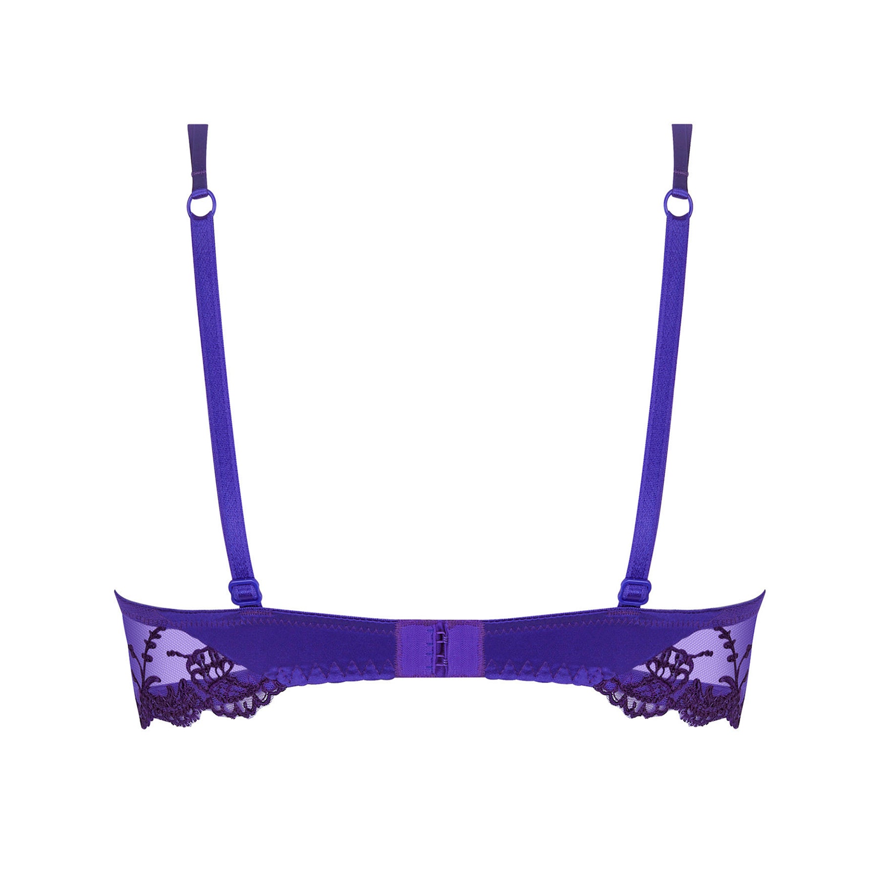 Demi cup balcony bra in purple ocean blue with embroidery detail on silk and tulle. Rear view without model.