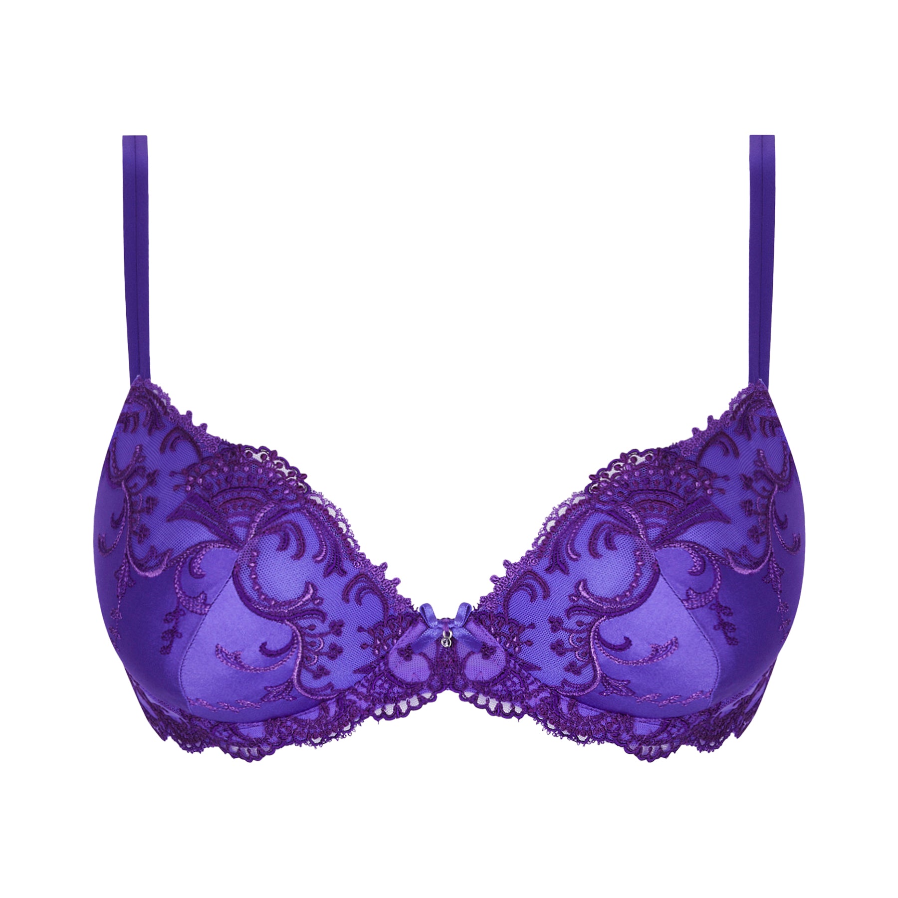Padded push up contour bra in purple ocean blue with embroidery detail on silk. Front view no model.