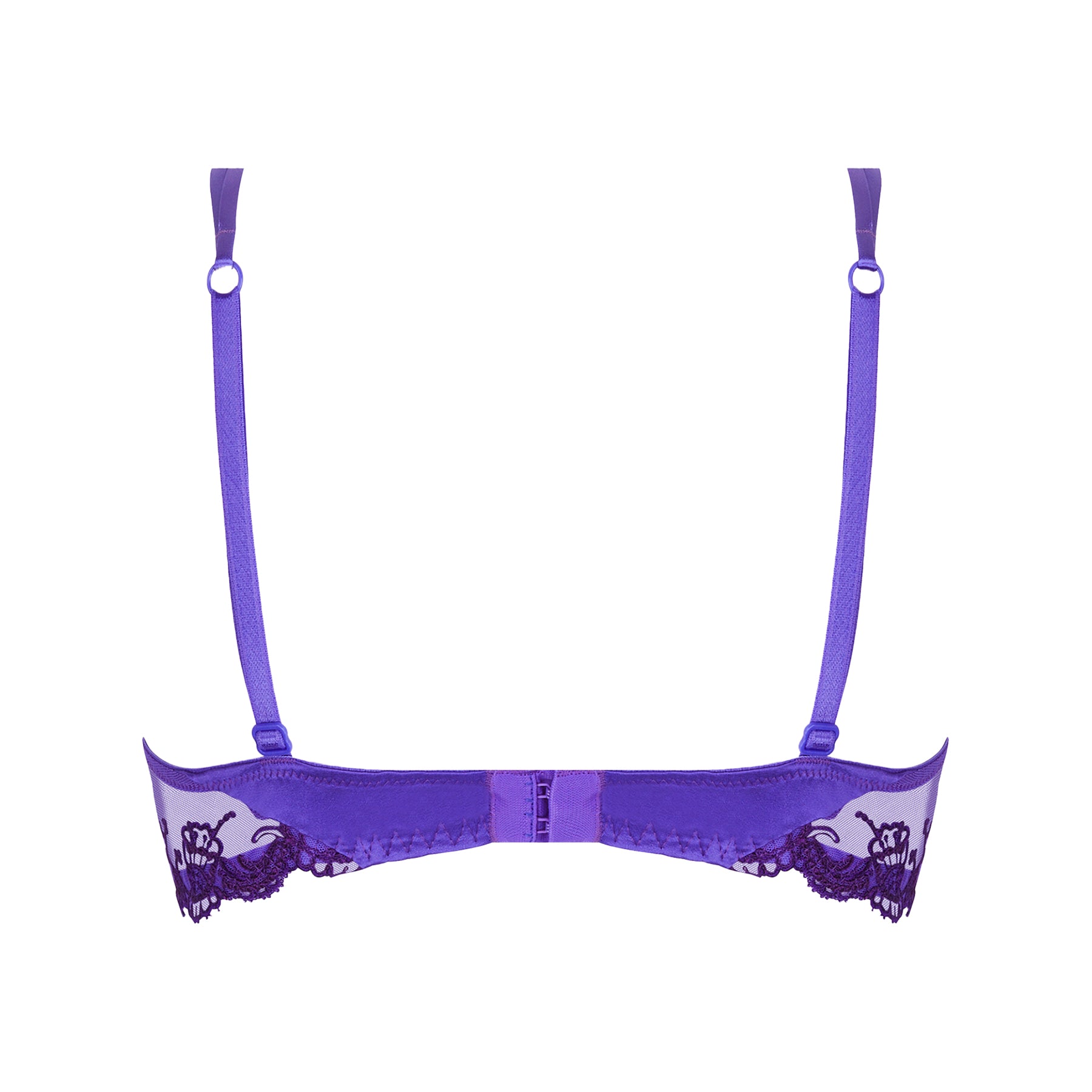 Padded push up contour bra in purple ocean blue with embroidery detail on silk. Rear view without model.