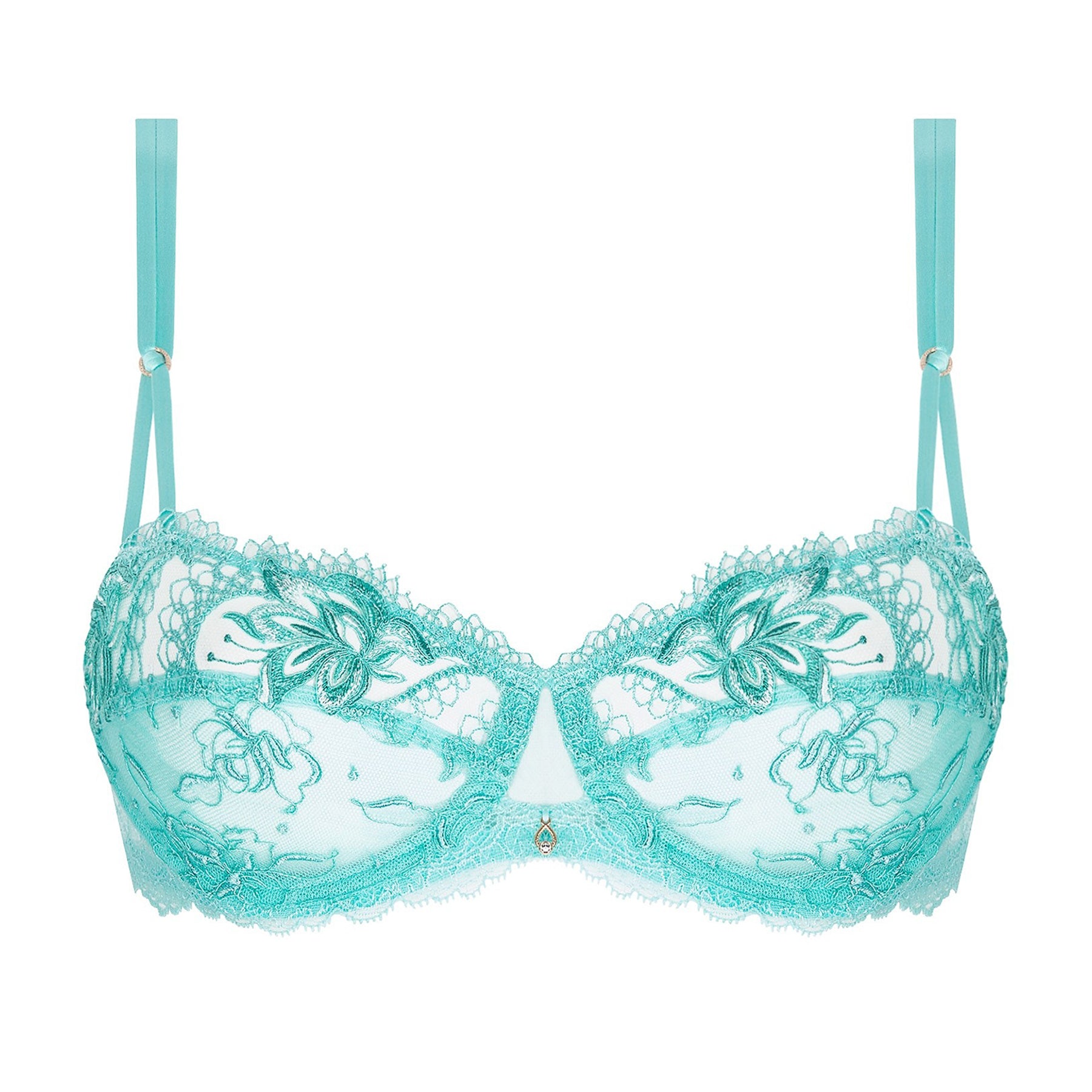Demi cup underwired bra in aqua with sheer embroidered tulle. Front view without model.