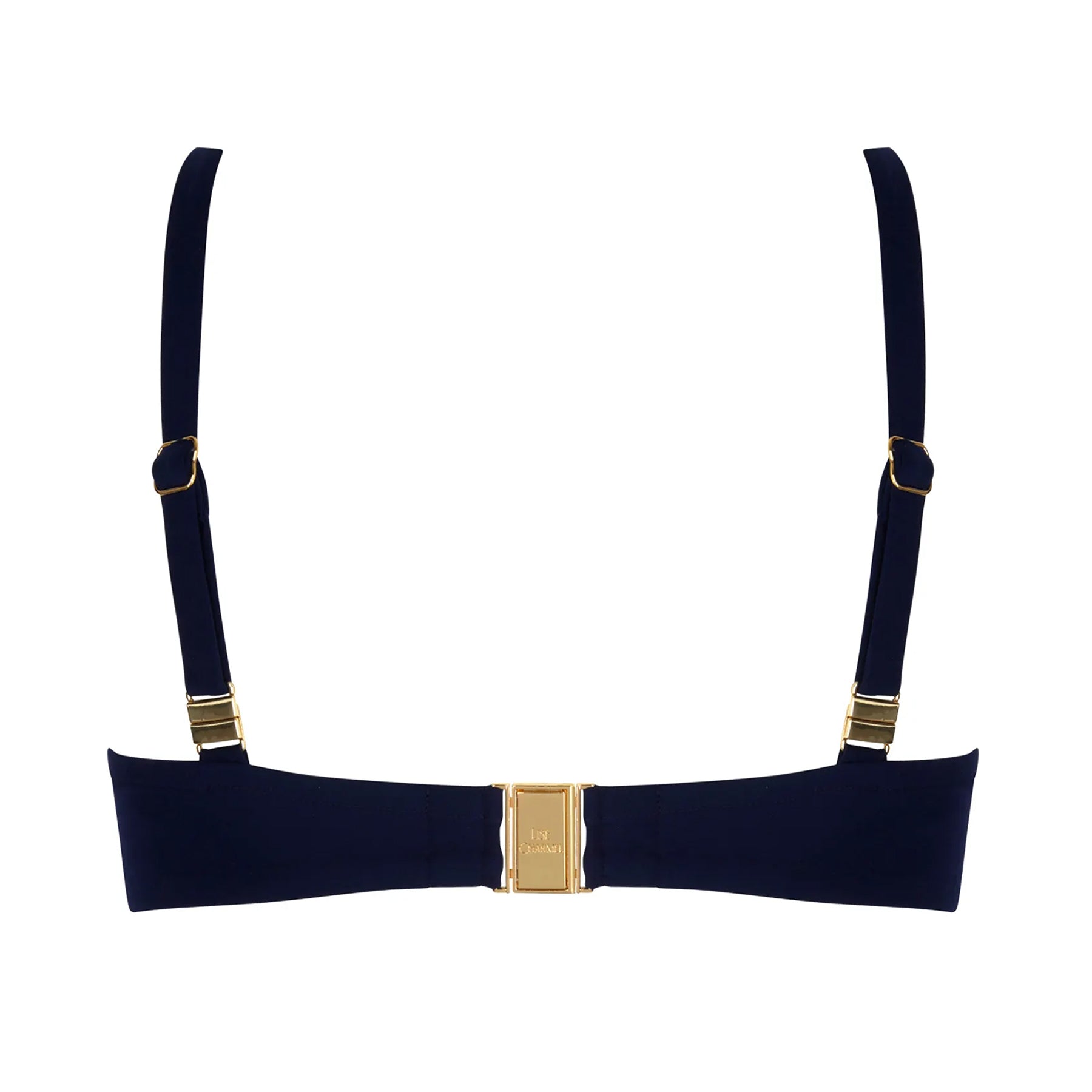 Lise Charmel ABB3596 danse des vagues balcony cup bikini top in a navy and white print. Flat lay rear view without model. 