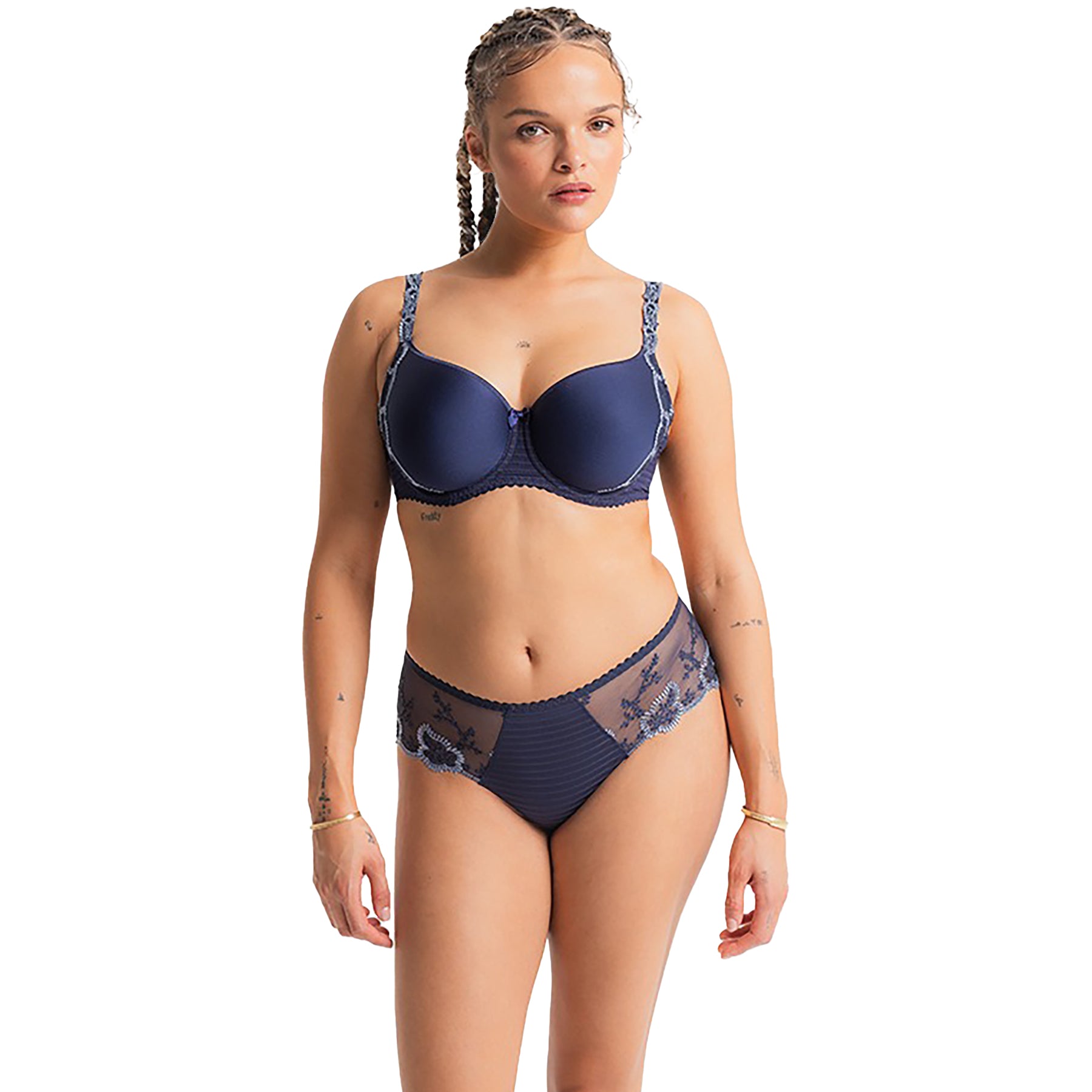 Louisa Bracq Elise Full Cup Spacer Bra and Shorty in Electric Night - front-facing view showing full coverage and embroidery details.