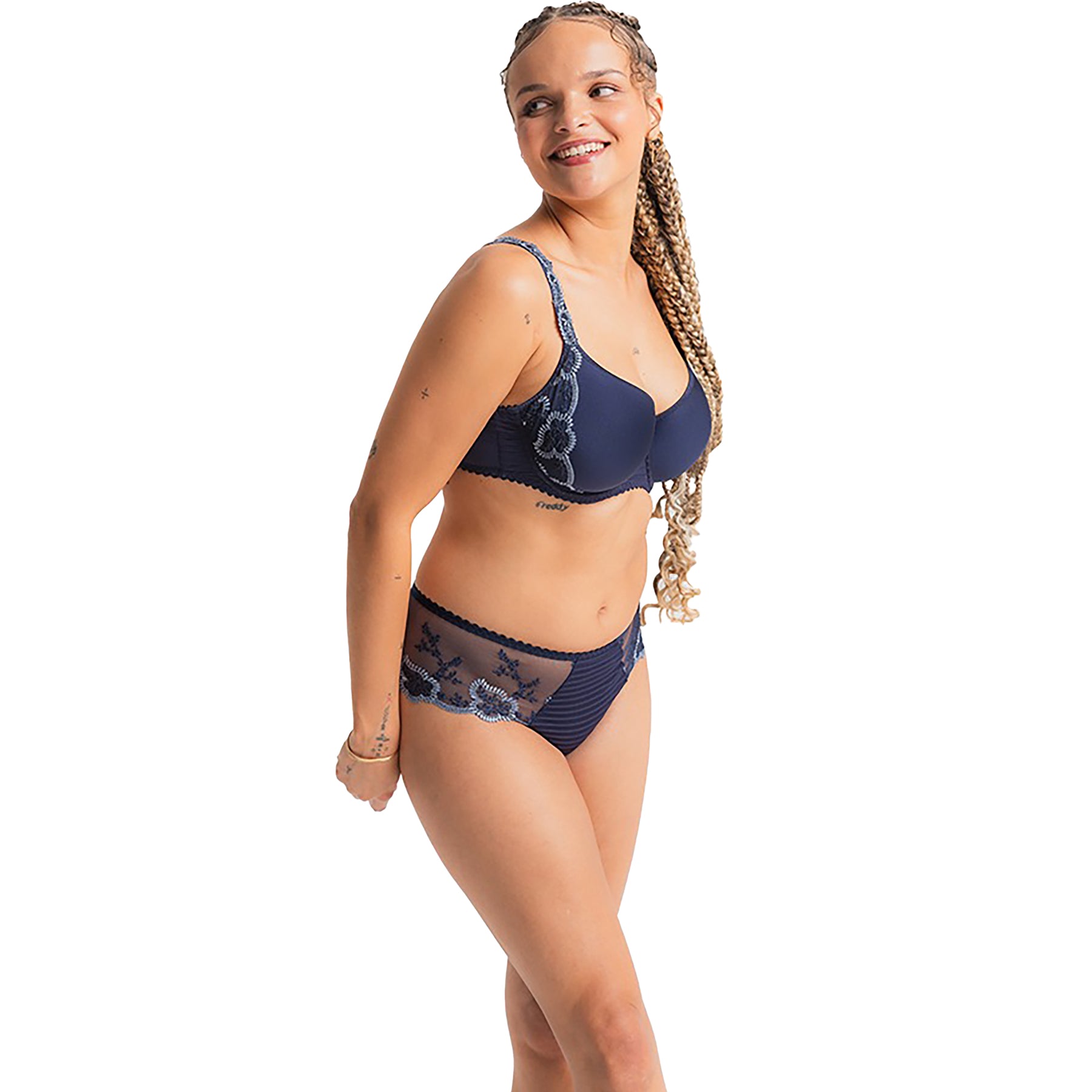 Model wearing Louisa Bracq Elise Full Cup Spacer Bra and Shorty in Electric Night – front angle showcasing navy spacer cups and sheer embroidered mesh.