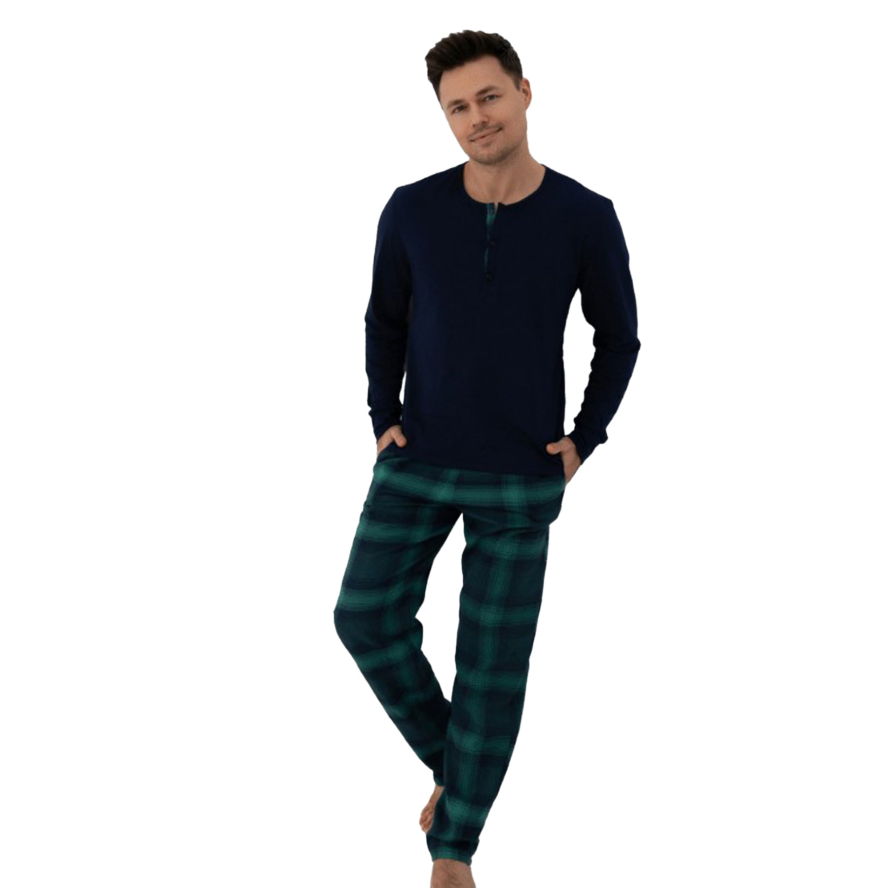 Men’s long sleeve navy Henley top and green plaid flannel pajama pants set